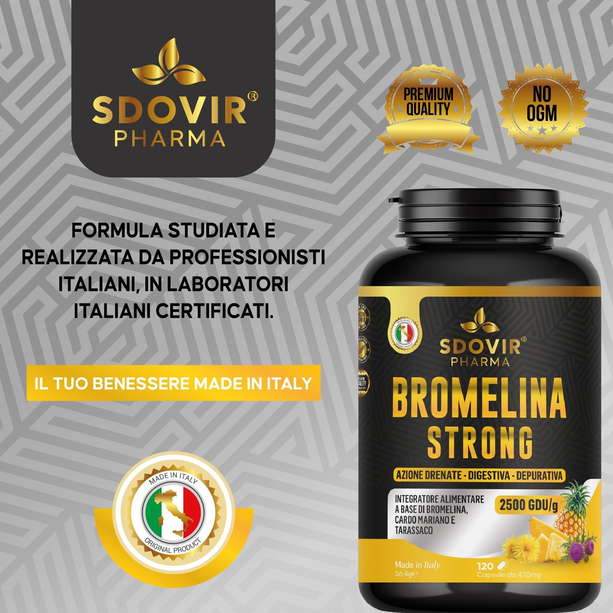 Bromelina Forte Drenante, con Tarassaco e Cardo Mariano, Alto Dosaggio 2500 GDU/g, Anticellulite Forte, Microcircolo Gambe, Gastroprotetta, Detox Fegato, 120 Capsule - Bromelina Strong