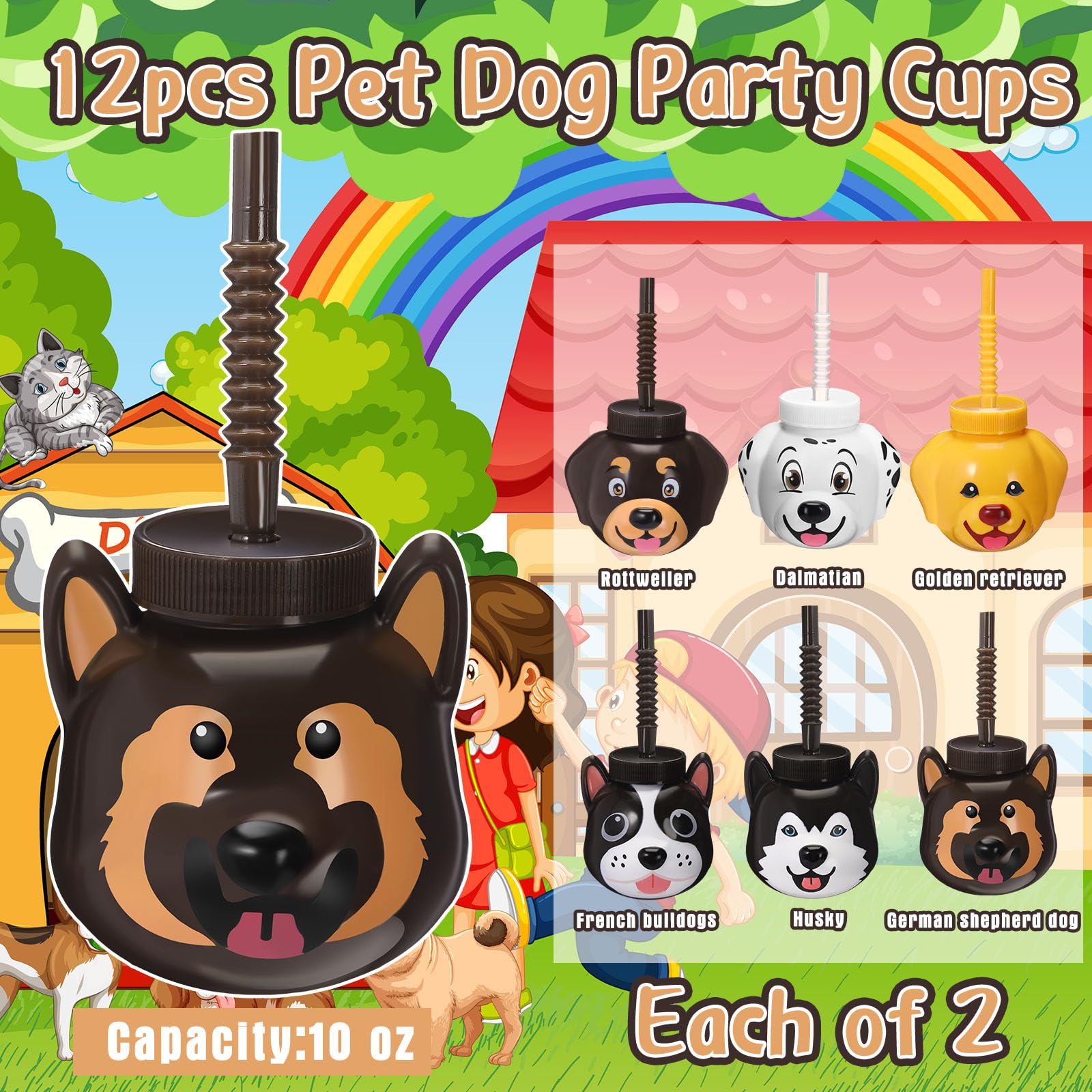 Sratte 24 Pcs Pet Dog Party Favor Gift Supplies Pet Dog Cups Straws with Lids 10 oz Cute Print Plastic Puppy Straw Cup Bulk for Kids Birthday Puppy Theme Party Baby Shower Supplies