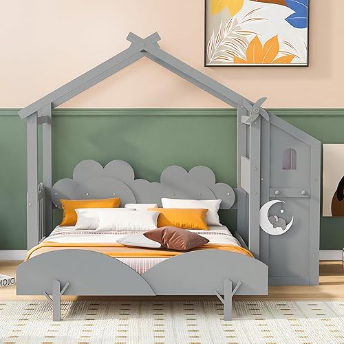 Miniatura 27 de Cama de casa de tamaño individual con 2 cajones, marco de cama de madera y barandilla de seguridad. Ahorra espacio, ideal para el dormitorio de un
