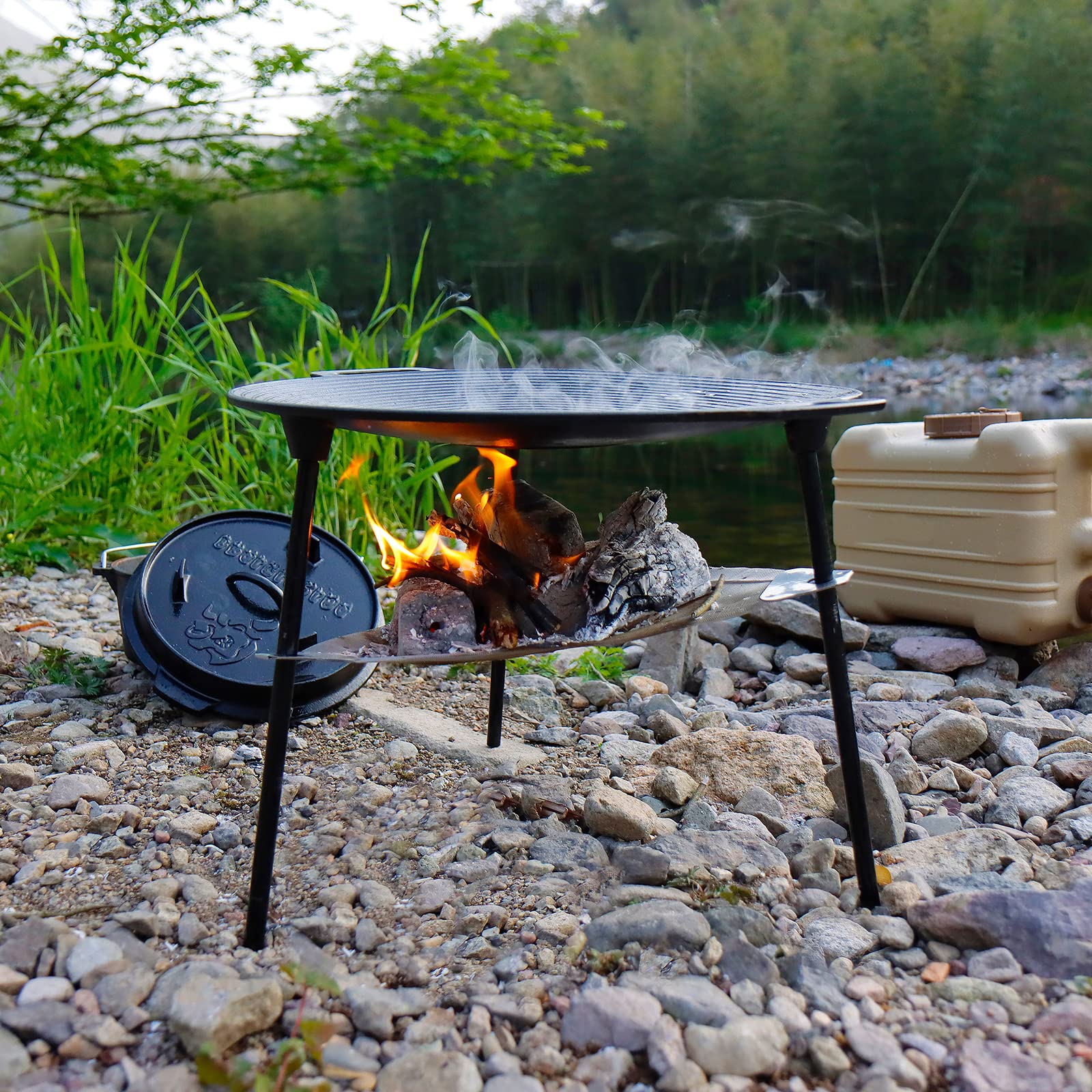 CCLIFE Grillpfanne Gusseisen 40 cm, Rund, Antihaft, Doppelgriffe | Exzellente Wärmespeicherung; Für K-BBQ, Fisch & Gemüse; 4mm Gusseisen; Leicht reinigen; Für Gas-/Holzkohlegrill.