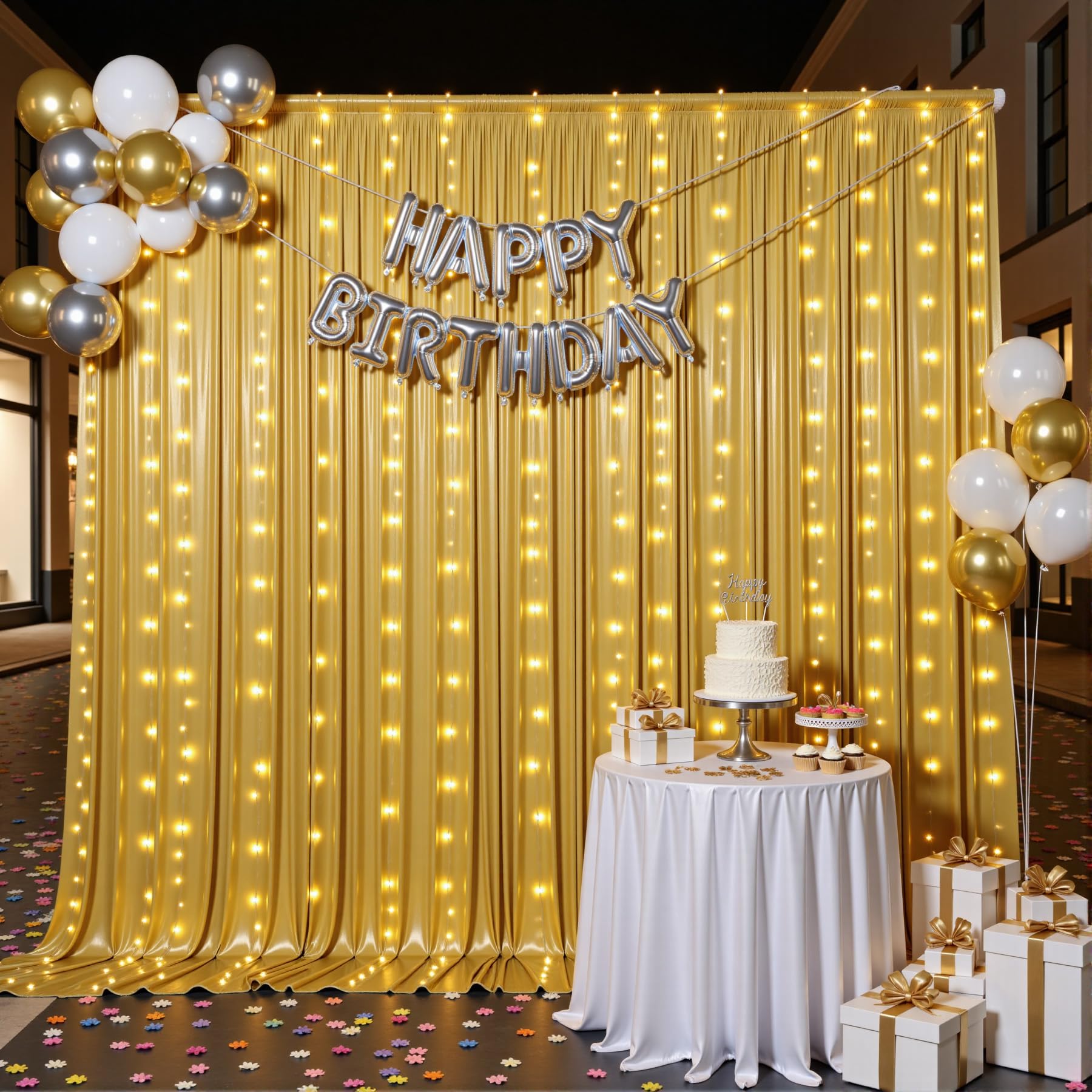 Outpain Rideaux de fond à paillettes dorées avec lumière – Toile de fond dorée éclairée avec paillettes qui ne tombent pas, rideaux infroissables pour mariage/Noël/studio (1,5 x 3 m, 4 panneaux)