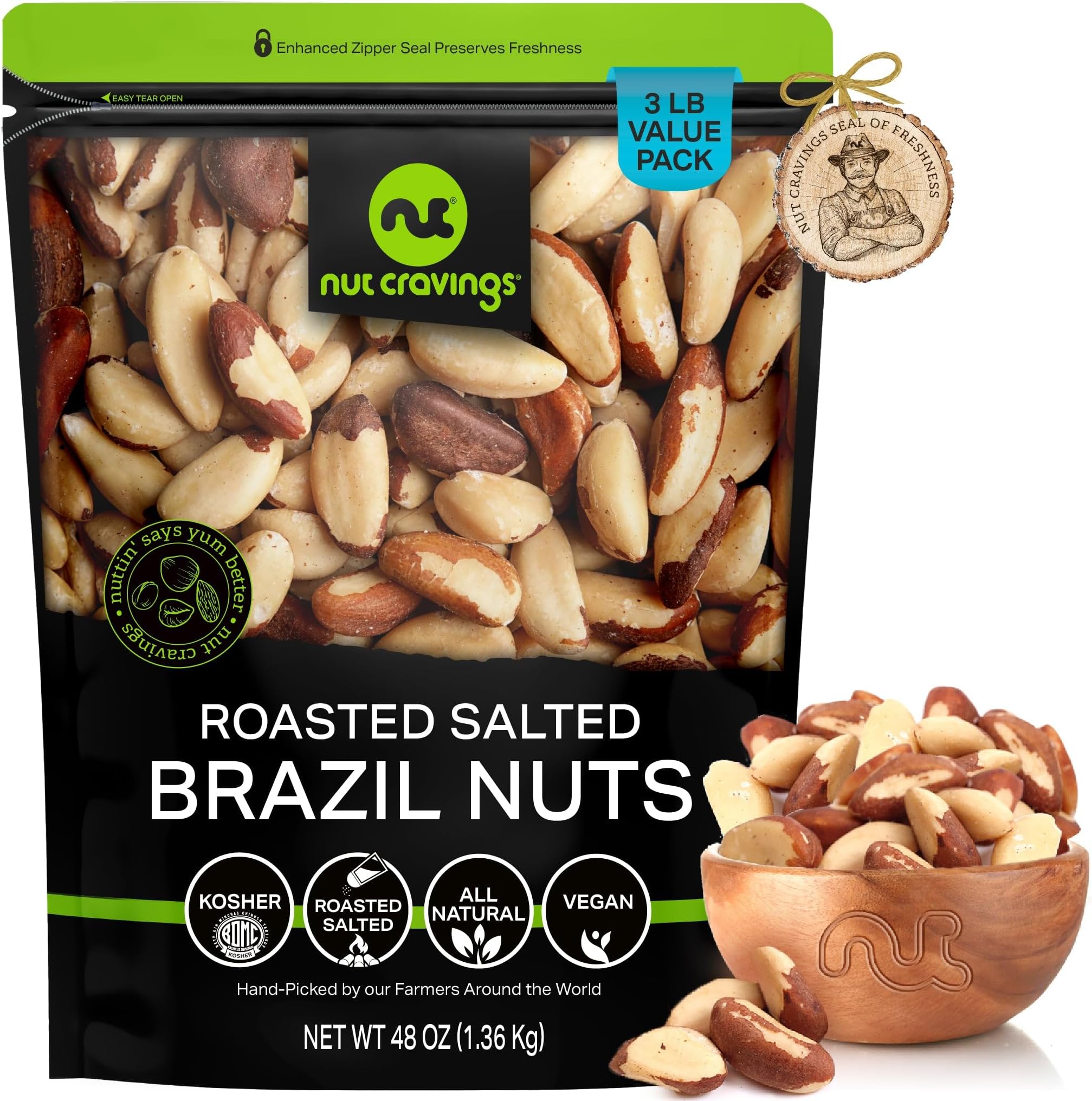 NUT CRAVINGS - Brazil Nuts Roasted & Salted - No Shell, Whole (48oz - 3 LB) Bulk Nuts Packed Fresh in Resealable Bag - Healthy Protein Food Snack, Food Assortments