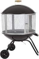 Fire Sense Bessemer 28" Rolling Patio Fire Pit - Portable Porcelain Enamel Wood Burning Fireplace with Wheels & Spark Screen, Black/Silver