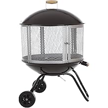 Fire Sense 01471 Fire Pit Bessemer Rolling Patio Fireplace Wooden Bonfire Porcelain Enamel Wood Burning with Wheels &amp; Handle Grip for Outdoor Entertaining - Black &amp; Silver - 28"