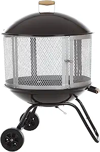 Fire Sense 01471 Fire Pit Bessemer Rolling Patio Fireplace Wooden Bonfire Porcelain Enamel Wood Burning with Wheels & Handle Grip for Outdoor Entertaining - Black & Silver - 28"