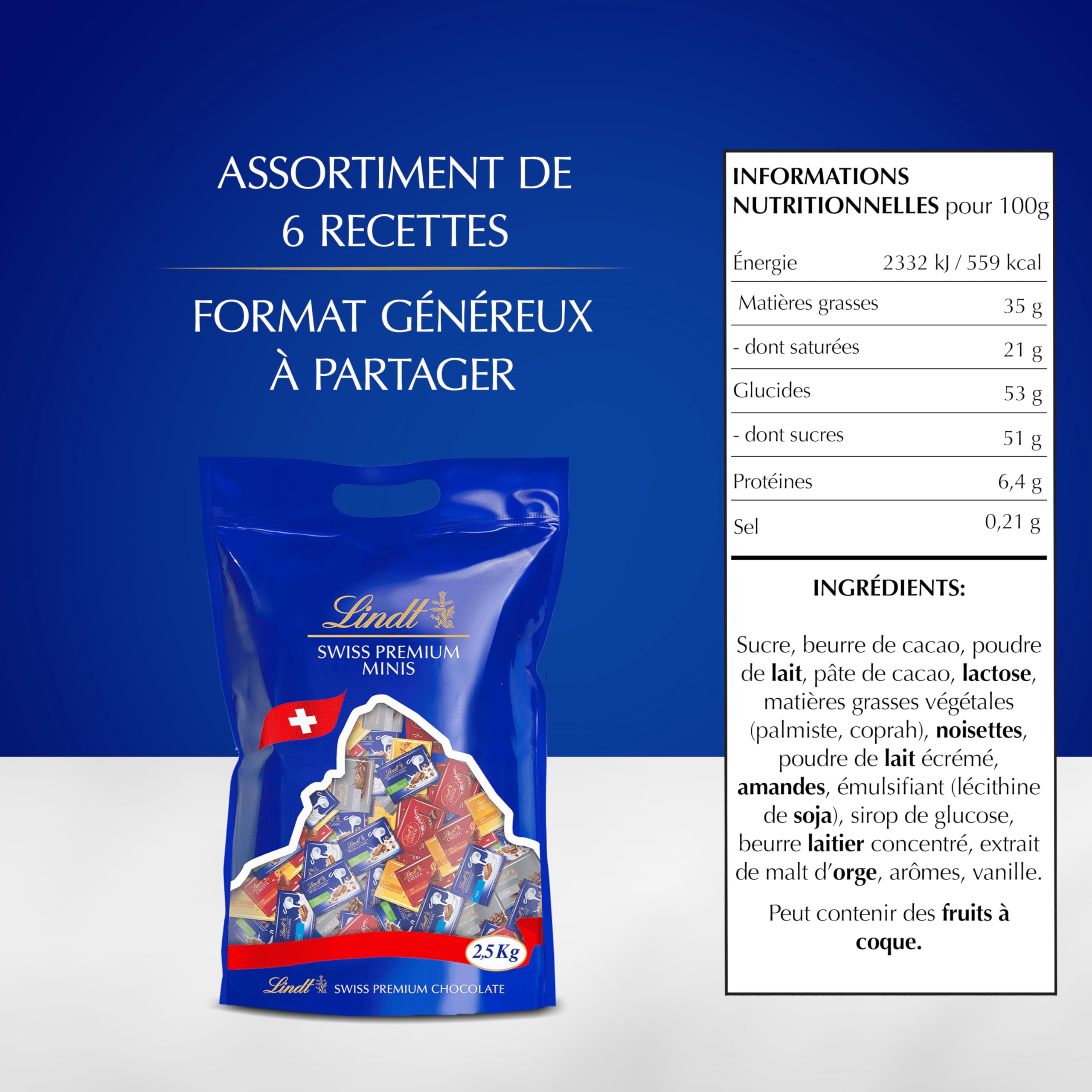 Lindt - Maxi Sachet Napolitains SWISS PREMIUM CHOCOLATE - Assortiment de Minis Chocolats au Lait, Lait-Noisette, Lait et éclats de Nougat, Blanc et éclats de Nougat, Noir et Lindor Lait, 2,5kg