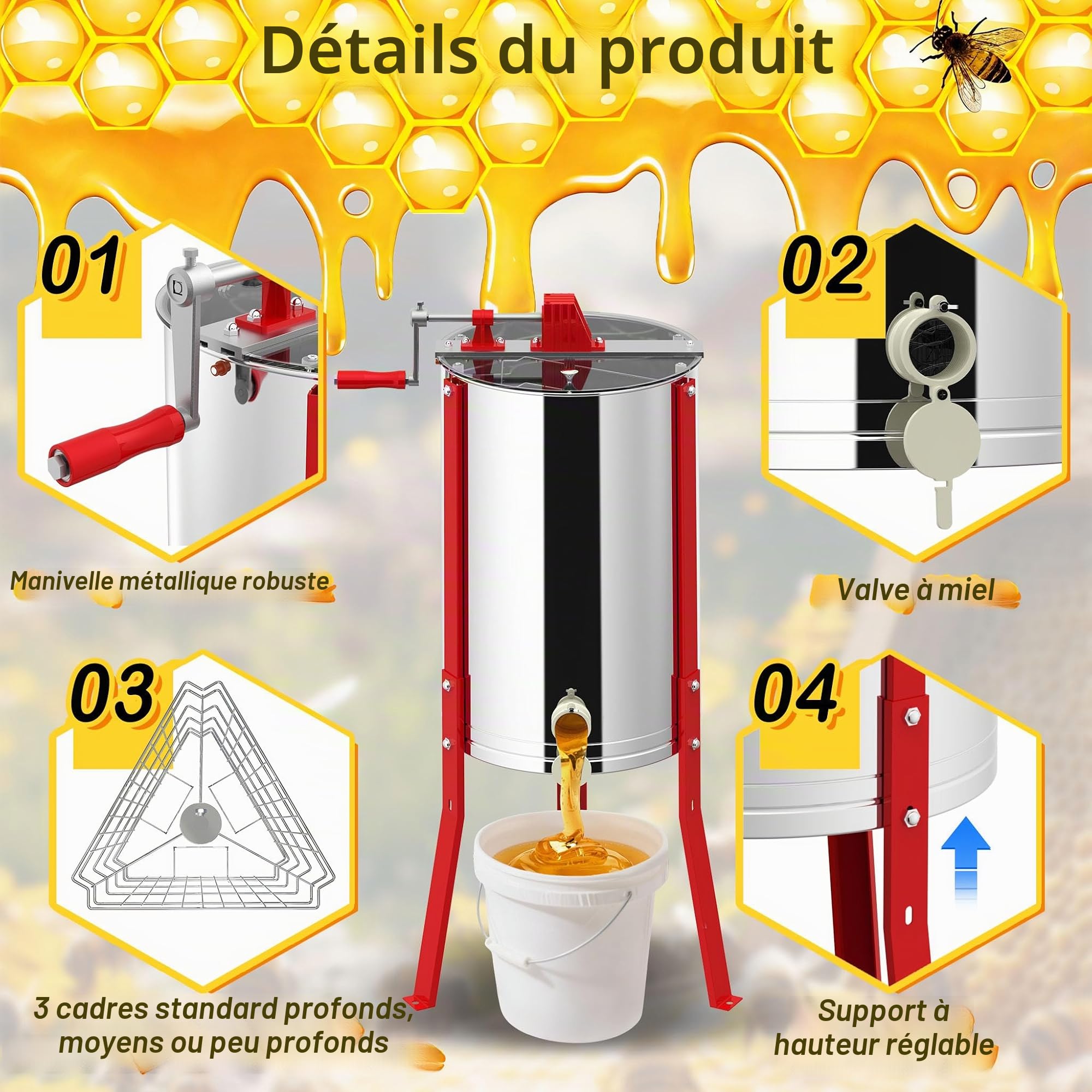 LZQ Extracteur de miel manuel en acier inoxydable pour 4 cadres, extracteur de miel centrifuge à manivelle, extracteur de miel pour apiculture, réglable en hauteur, accessoires pour l'élevage des