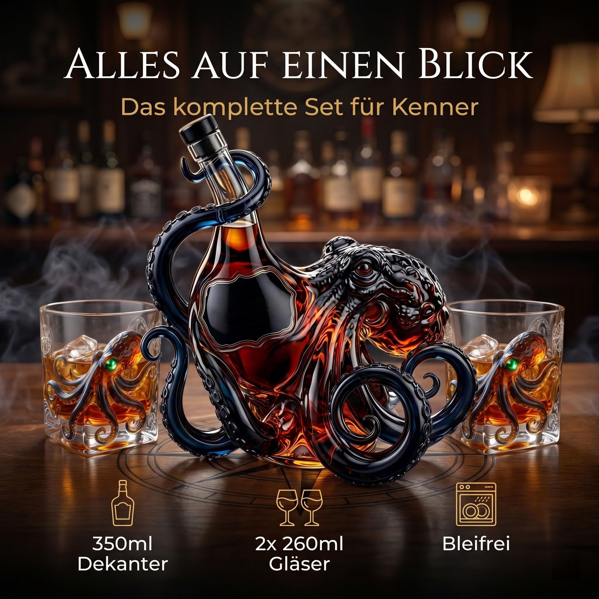 Juego de whisky con forma de pulpo en 3D | Decantador + 2 vasos | Perfecto para whisky, ron, bourbon o cócteles; un regalo único para hombres, aficionados a los bares y coleccionistas.