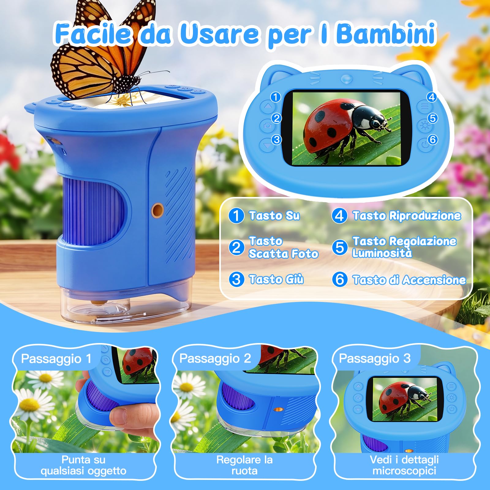 Microscopio Portatile per Bambini, Microscopio Digitale 1000x per Bambini con schermo IPS da 2,4 pollici, funzione fotografica e compatibilità con PC, Regalo Perfetto per Bambini (Blu)