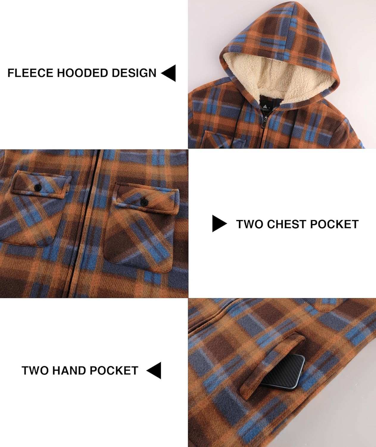 Mens Plaid Full Zip Hoodie Warm Flannel Shirt Jacket Fleece Lined Outerwear Coat with Hood - Image 5