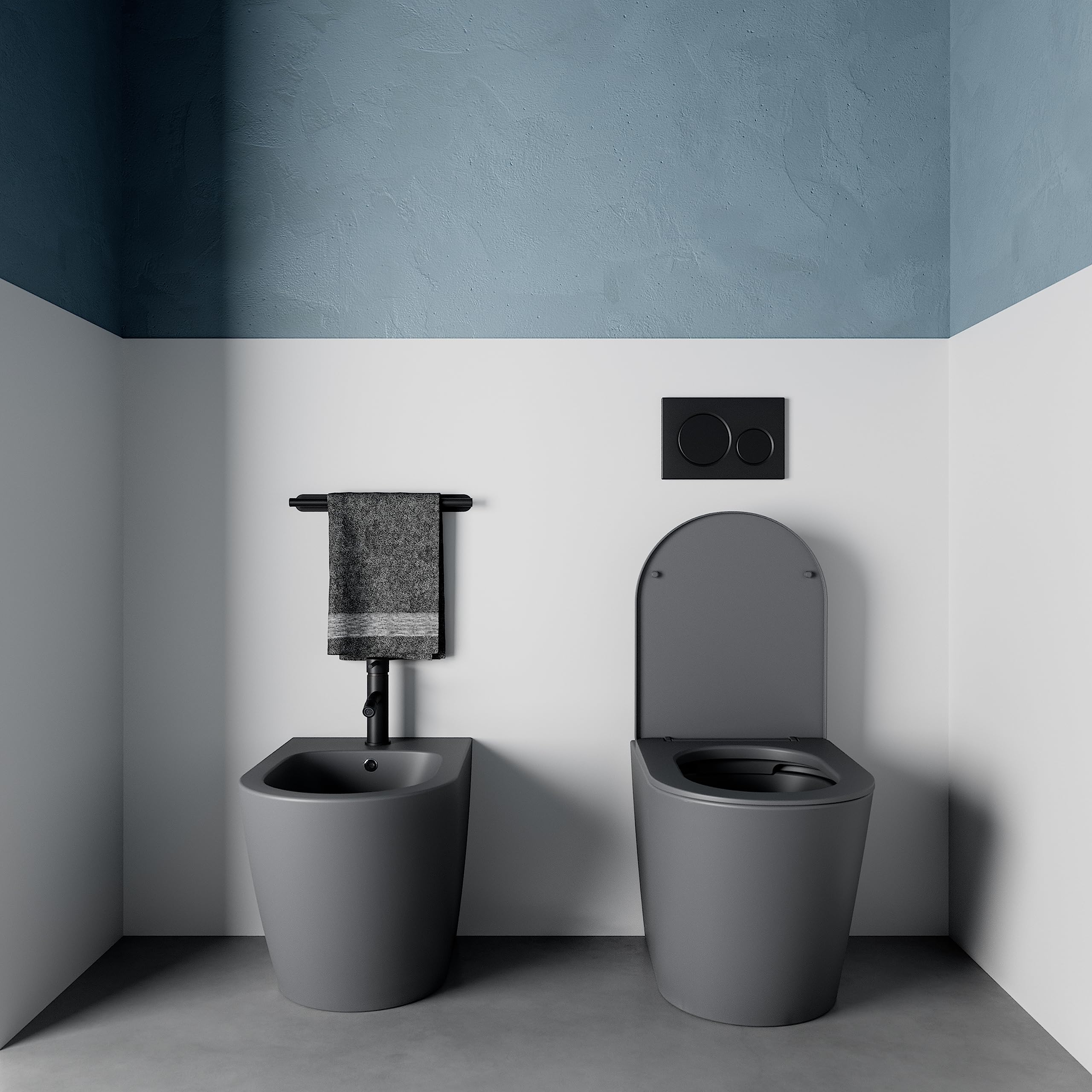 Sanitari in ceramica filomuro grigio opaco vaso rimless bidet sedile soft-close chiusura rallentata mod. Vienna