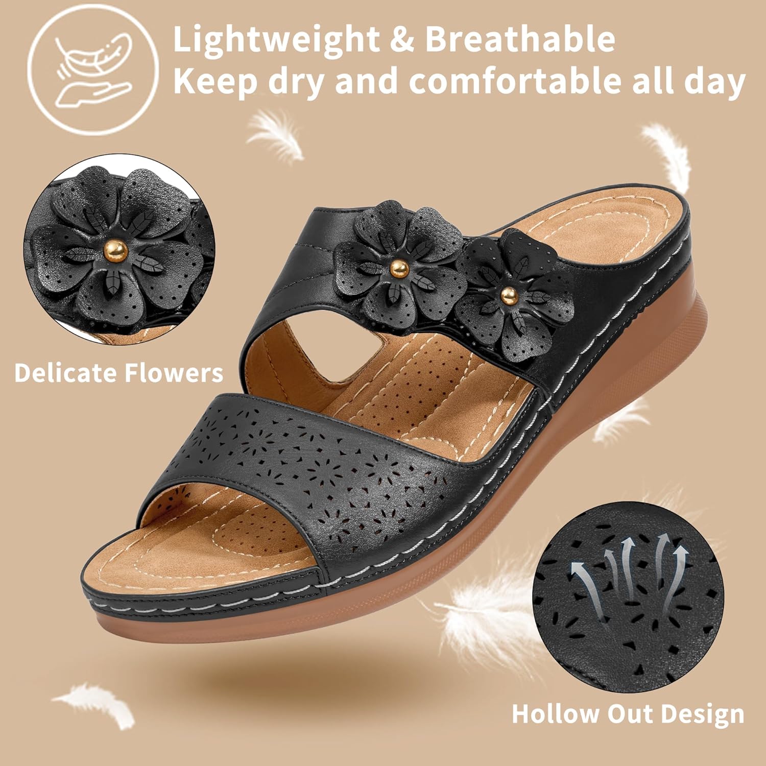 Ablanczoom Womens Wedge Sandals Dressy: Slip On Comfortable Summer Shoes Floral Platform Slides for Casual Walking