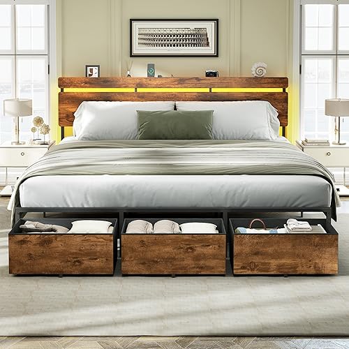 Forestell King Size Bed Frame with Wood Headboard, Metal Platform Bed with 3 Storage Drawers & Shelf, Built-in Charging Station & LED Lights, No Box Spring Needed, Vintage Brown, Camas King