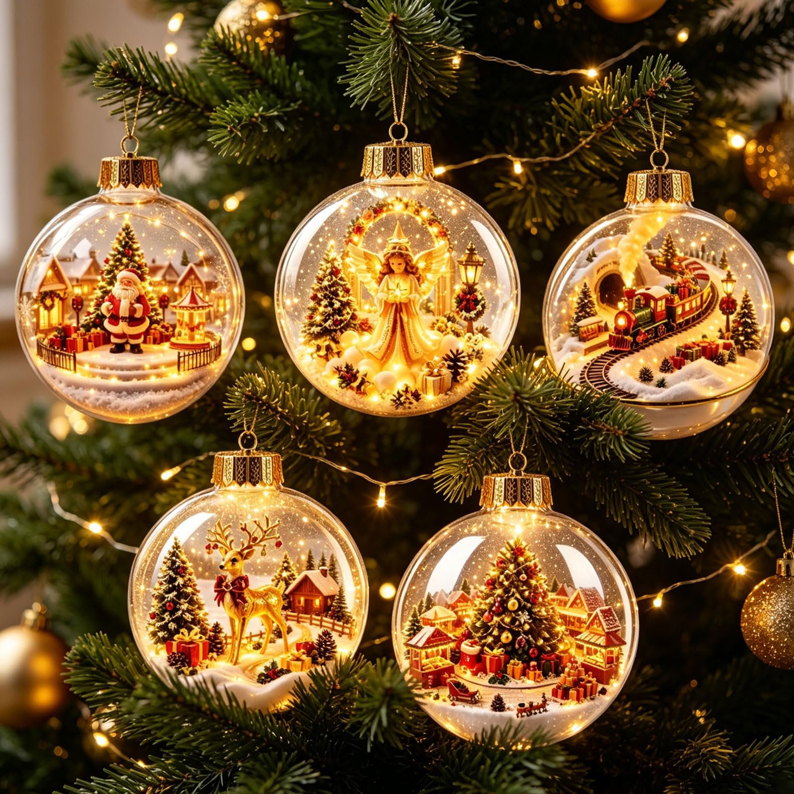 5pcs Glowing Christmas Story Ornament, Light-up Mini Holiday Scene