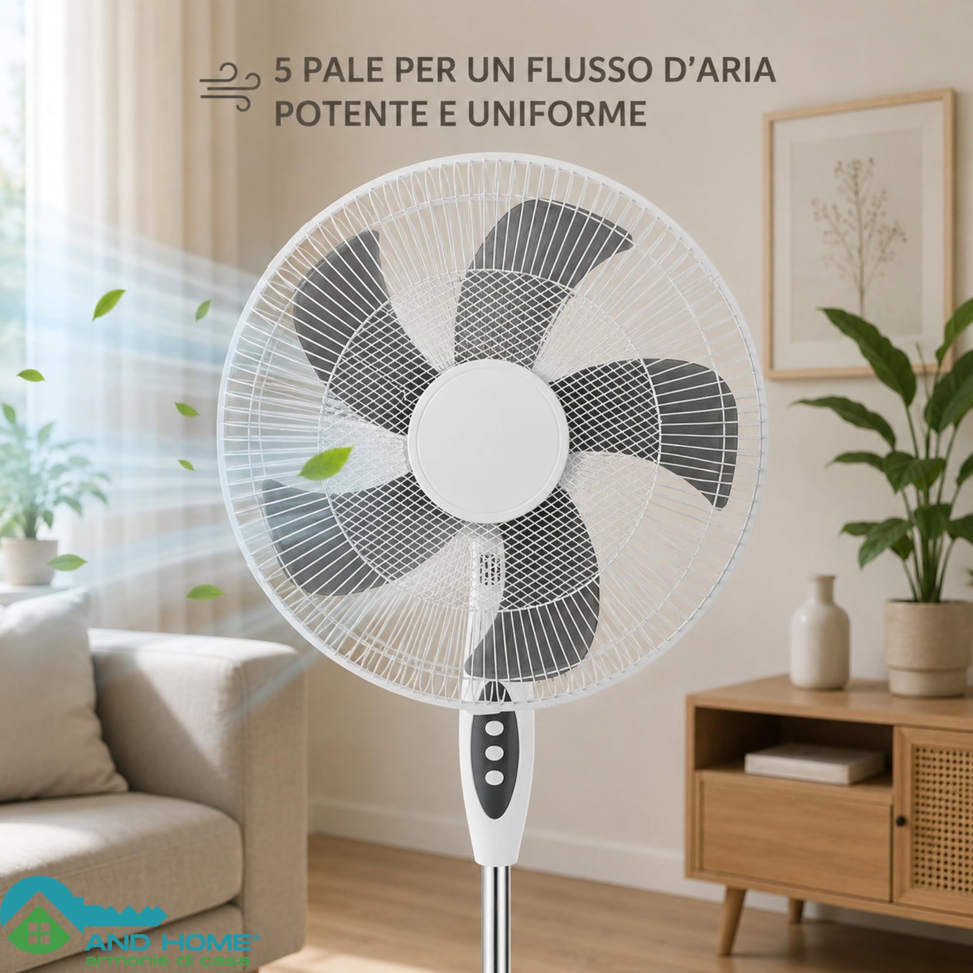 Ventilatore a Piantana Ø 40 cm BIANCO - FACILE MONTAGGIO - 50 W - 3 Velocità - STABILE e SILENZIOSO - Oscillazione Orizzontale - Altezza Regolabile 103-130 cm - Testa Inclinabile - Base a Croce