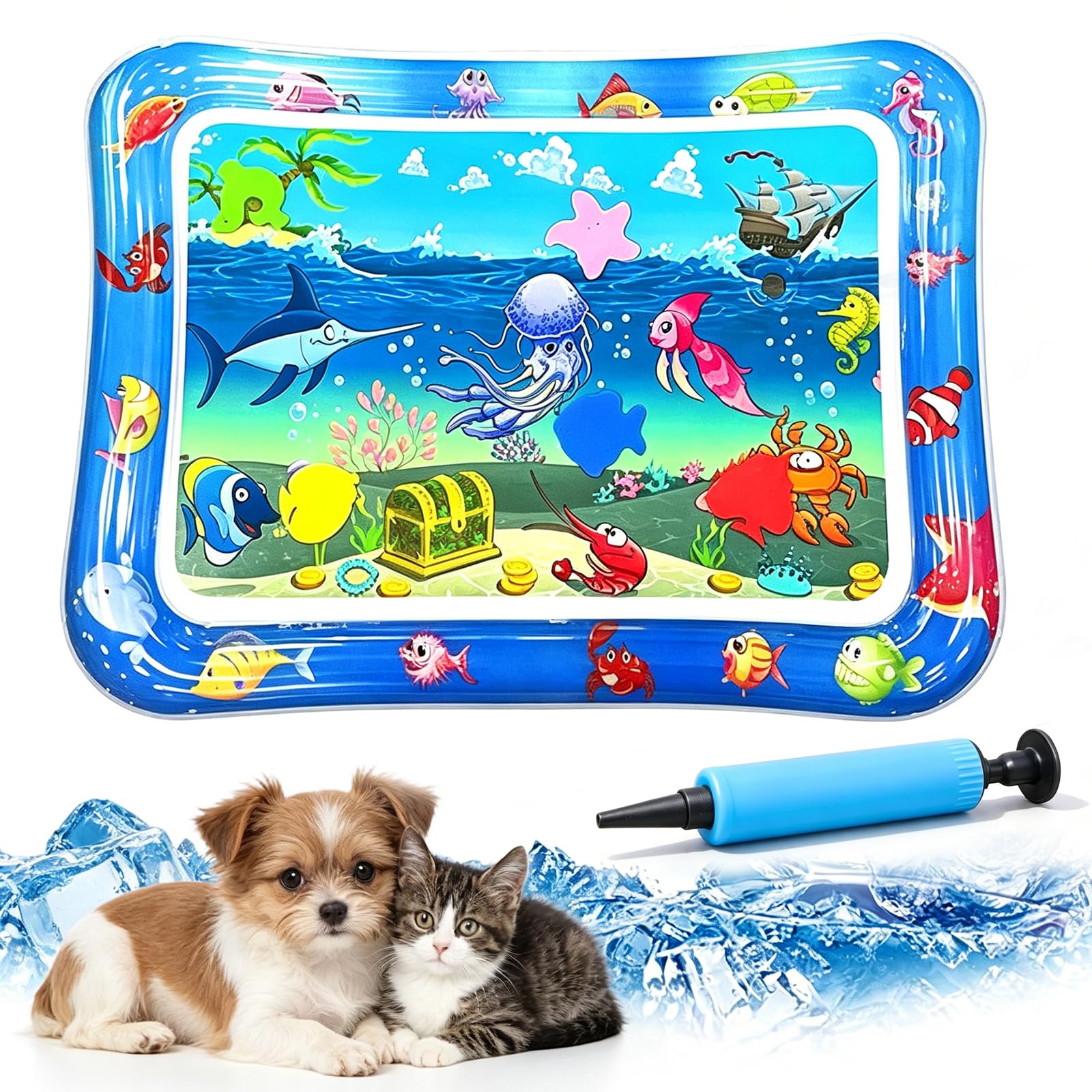 Pet Water Sensory Mat, 37.4" Large Cat Water Mat with Floating Fish, Interactive Cooling Mat for Cats & Dogs, Thickened Leak-Resistant Water Play Mat, Indoor Outdoor Pet Enrichment Toy (Square-8)