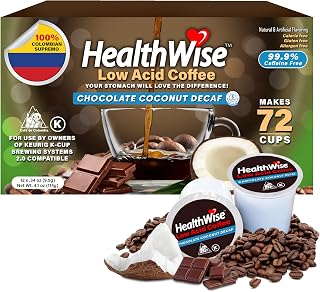 Healthwise Chocolate Coconut Swiss Water Decaf Coffee K-Cups - Soothe Acid Reflux & Heartburn, Sensitive Stomachs, Digestive Discomfort - 72 Count (Pack of 6)