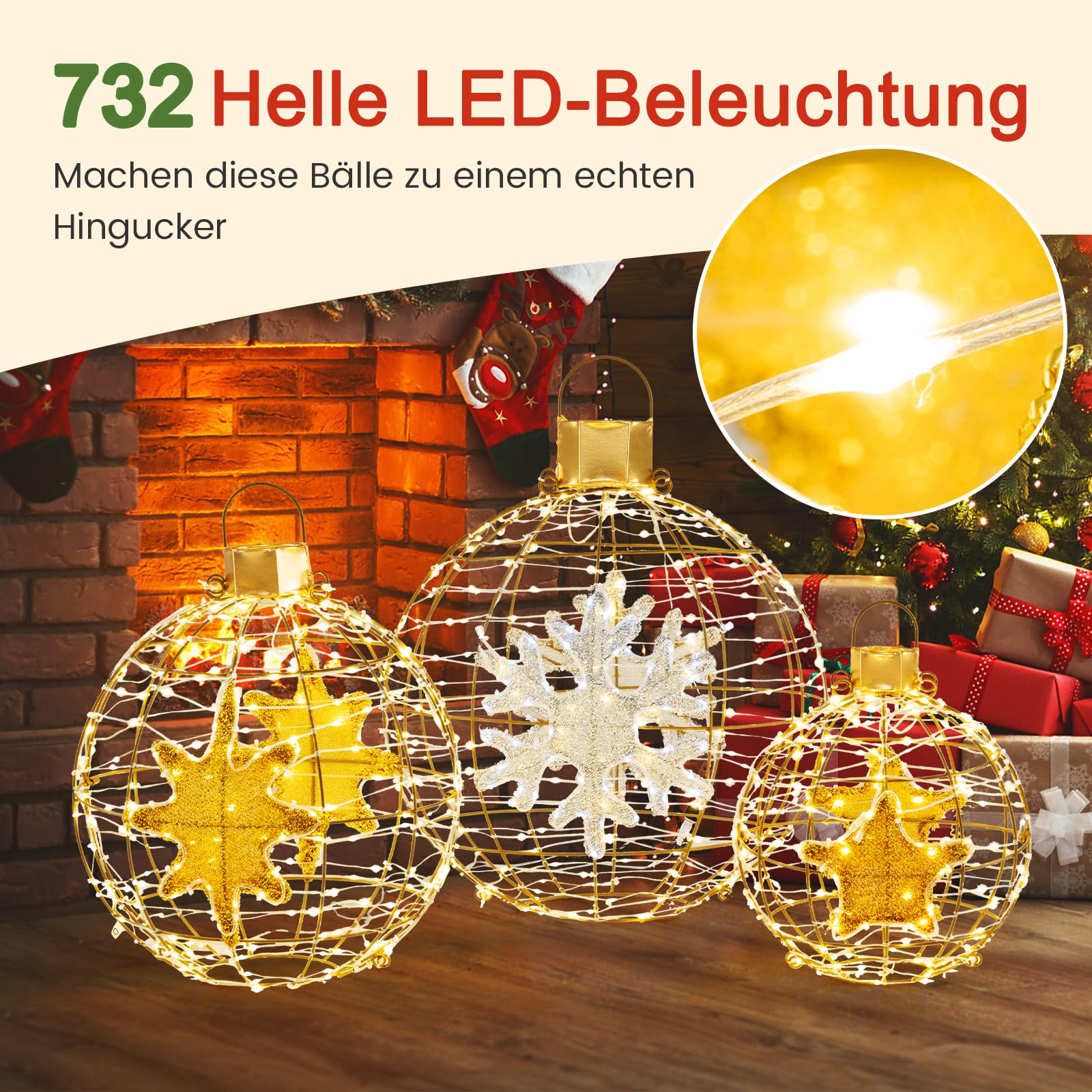 COSTWAY 3er Set LED Dekokugel, Leuchtkugel, Weihnachtsdeko, Weihnachtsbeleuchtung für innen und außen