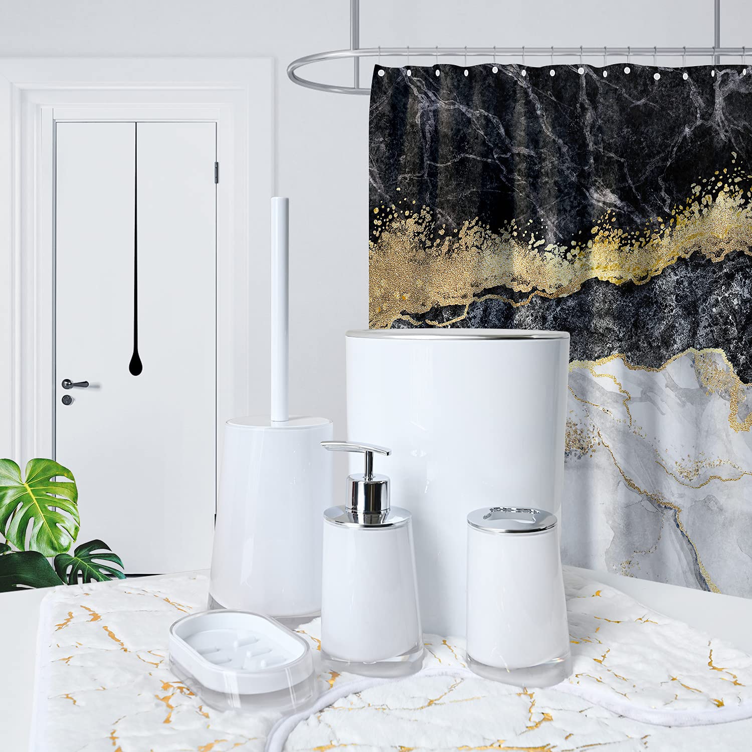 Bathroom Accessory Sets Shower Curtain Sets with Liner and Hooks Bathroom Rug Sets 10 Pcs White Black Marble Gift Sets Bathroom Decor Soap Dispenser Toothbrush Holder Trash Can Toilet Brush Soap Dish