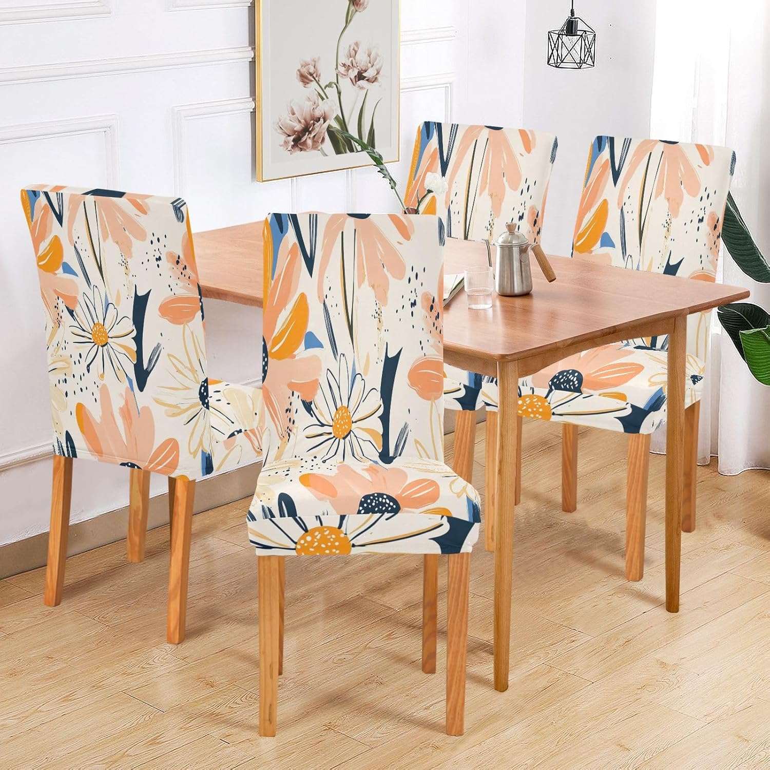 ALAZA Chair Covers for Dining Room, Abstract Boho Daisy Stretch Chair Cover Sets Chair Protector Removable Washable for Ktichen Restaurant Hotel