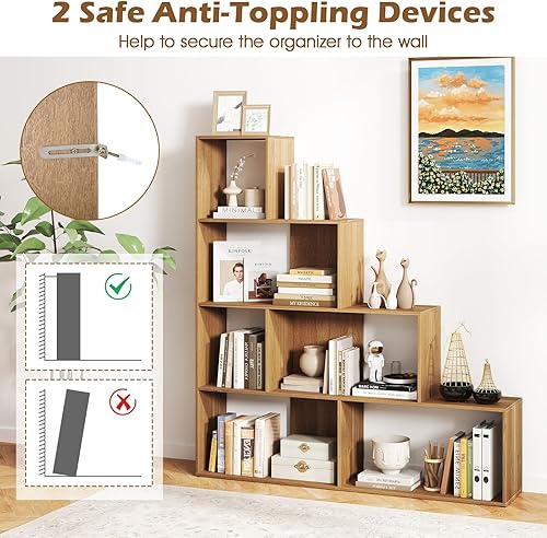 Miniatura 6 de Tangkula Estantería de 6 cubos, estantería independiente de 6 cubos escalonados Etagere en forma de L, estantería abierta de madera para sala de