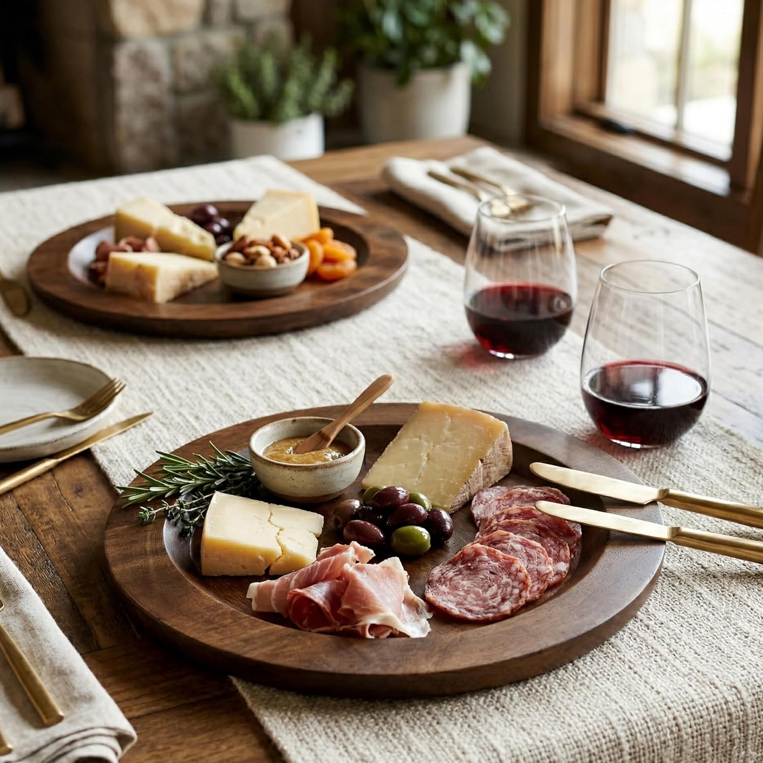 Alpha Living Home Mango Wooden Plates Set of 2-13” Round Rustic Farmhouse Chargers for Dinner & Charger Plates, Handcrafted Tableware for Charcuterie, BBQ, Farmhouse Dining, or Gift (Walnut)