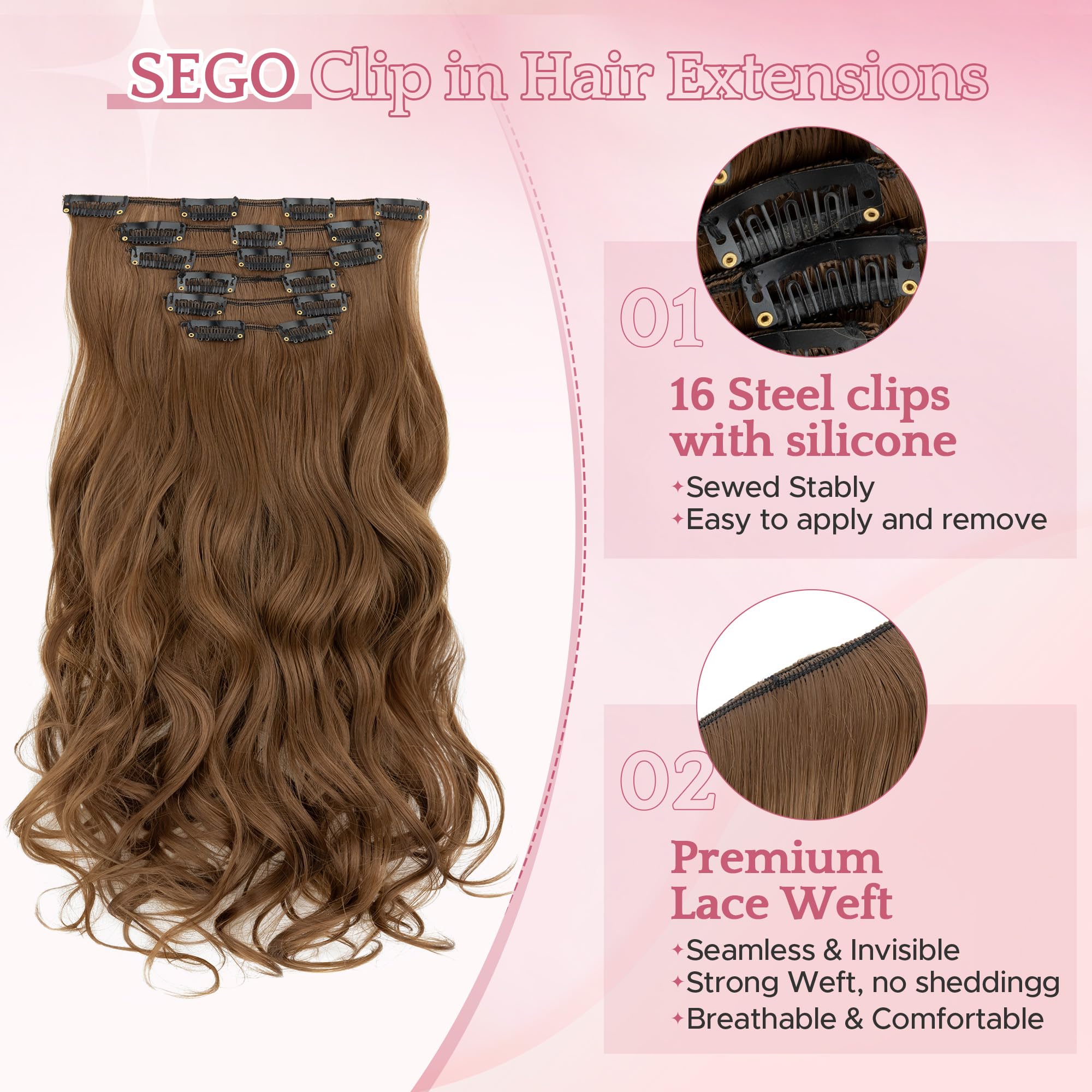 SEGO Clip In Hair Extensions 22 Inch 6PCS Thick Clip In Hair Hairpieces 150g Long Wavy Hair Extension Synthetic Full Head for Women Light Brown - Image 2