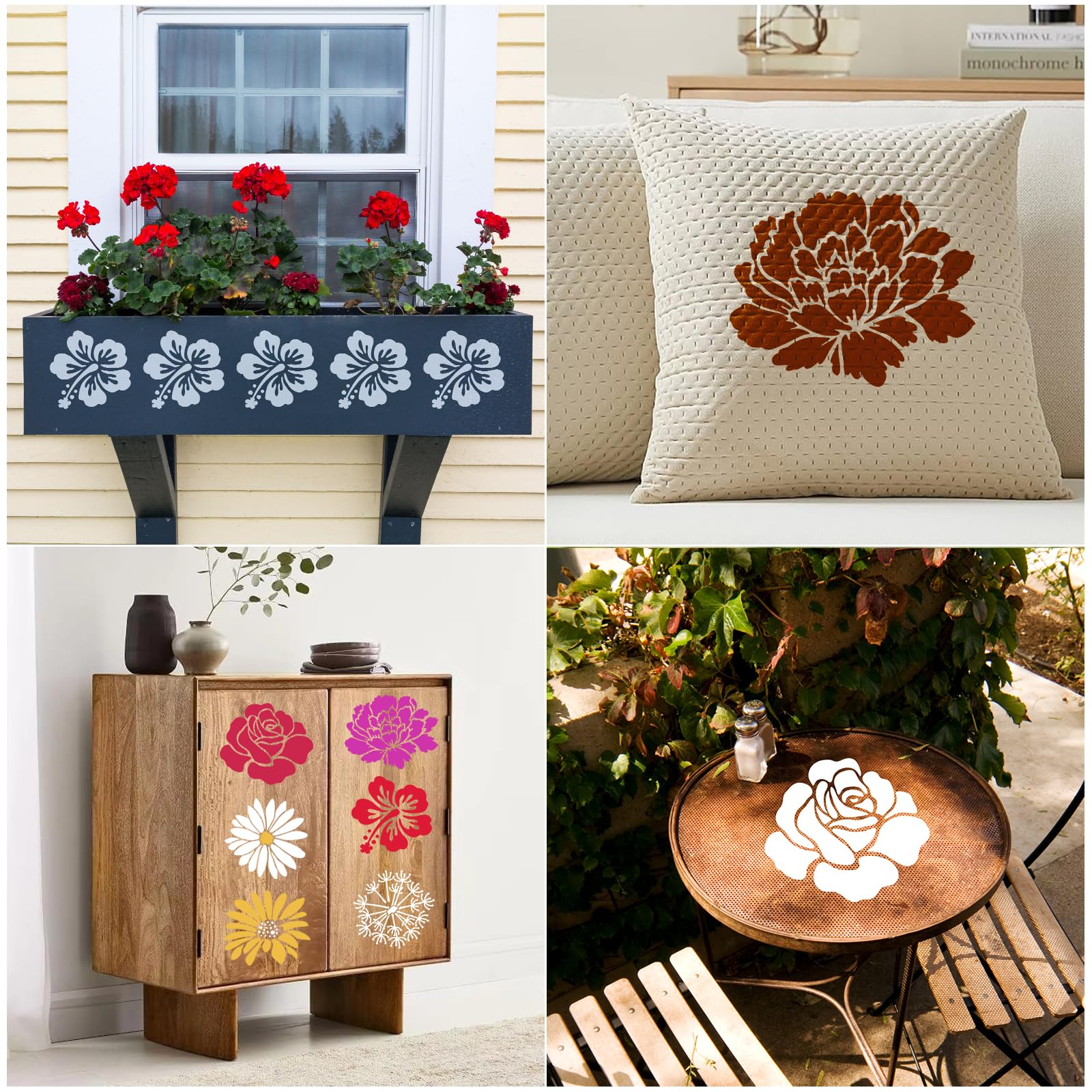 JSRQT 6 Stück Große Blume Schablonen zum Malen von Holz, Wänden, Möbeln und Stoffen, Rosen Gänseblümchen Sonnenblumen Malschablonen für Gartenzäune, DIY-Dekoration, 30cm