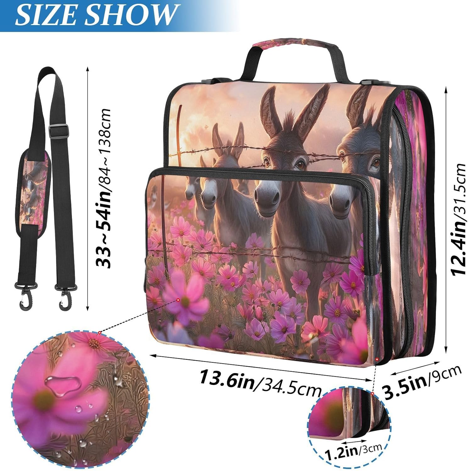 ALAZA Zipper Binder 3 Ring Donkeys Flowersea Animal Binder Organizer with Zipper and Shoulder Strap Large Capacity Multi-Pocket Trapper Keeper File Folder for Office Supplies