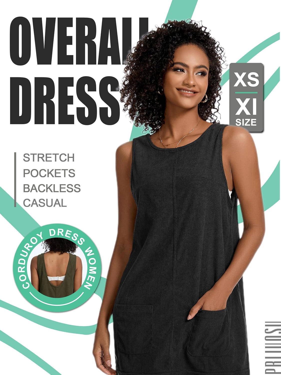 Corduroy Overalls Dress for Women A Line Casual Stretch Jumper Shift Dress with Pockets - Image 2
