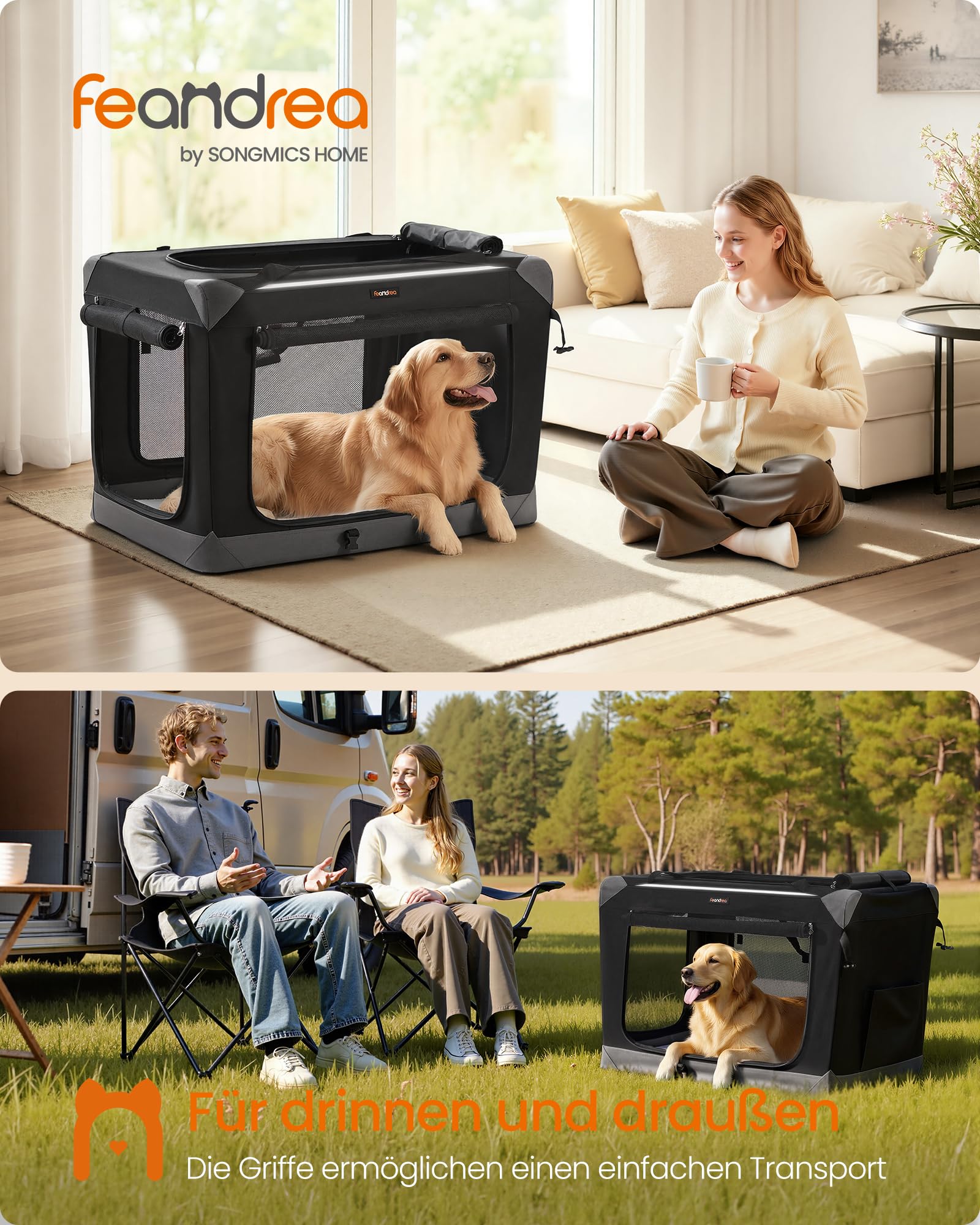 Feandrea Hundebox faltbar, Transportbox, Hundetasche, Oxford-Gewebe, mit 4 Türen aus Netzstoff, Griffen, Tasche, 91,4 cm, für große Hunde, tintenschwarz-Taubengrau PDC029BH01