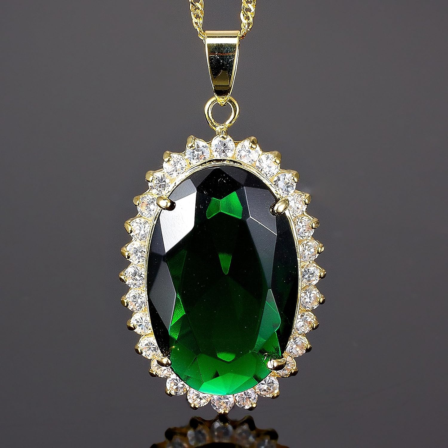 RIZILIA Lady Fashion Jewellry 1 Oval Cut Simulated Green Emerald Gem 18K Gold Plated Pendant Necklace - Image 2