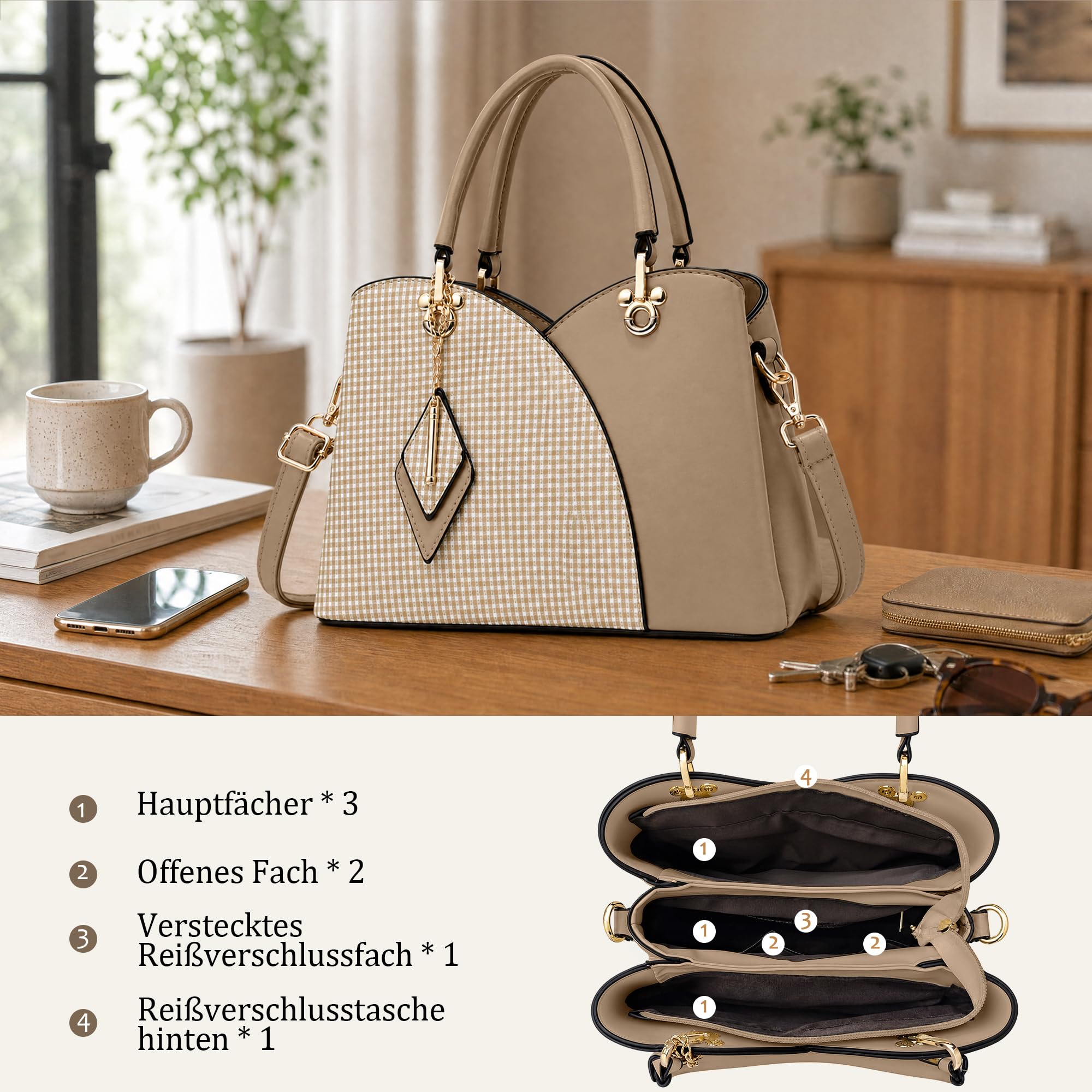 Damen Handtasche Mode Kariertes Umhängetasche Frauen Tasche PU Leder Schultertasche mit Rhombus-Anhänger Braun