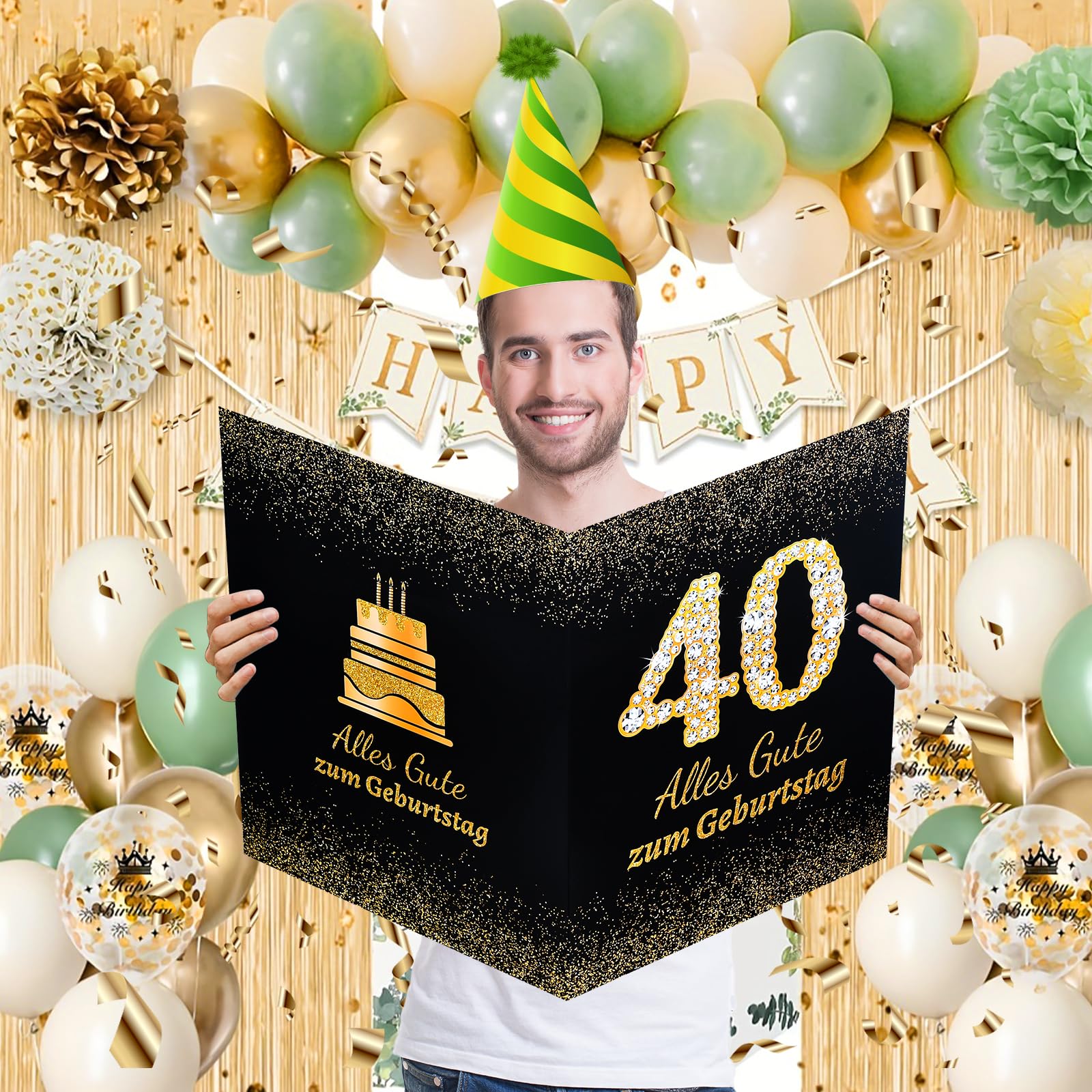 Riesen-Geburtstagskarte Zum 40. – Schwarz-gold, 35,6 X 55,9 Cm, Mit Umschlag & Band