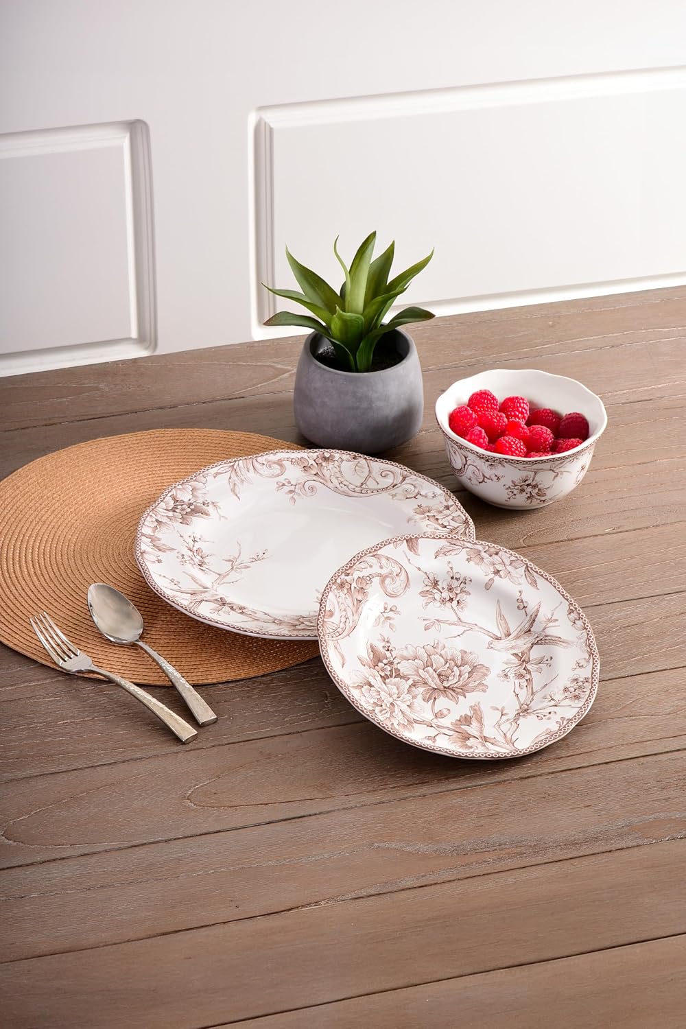222 Fifth Adelaide Brown on White 12-Piece Dinnerware Set – Service for 4, Plate & Bowl Set,Durable Porcelain, Dishwasher Safe, for Everyday Dining & Entertainment - Image 5