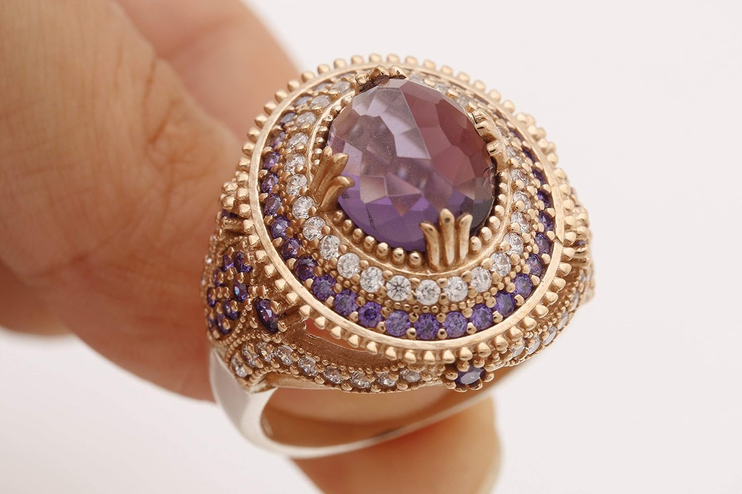 Turkish Handmade Jewelry Oval Shape Amethyst and Round Cut Amethyst Topaz 925 Sterling Silver Ring Size Option