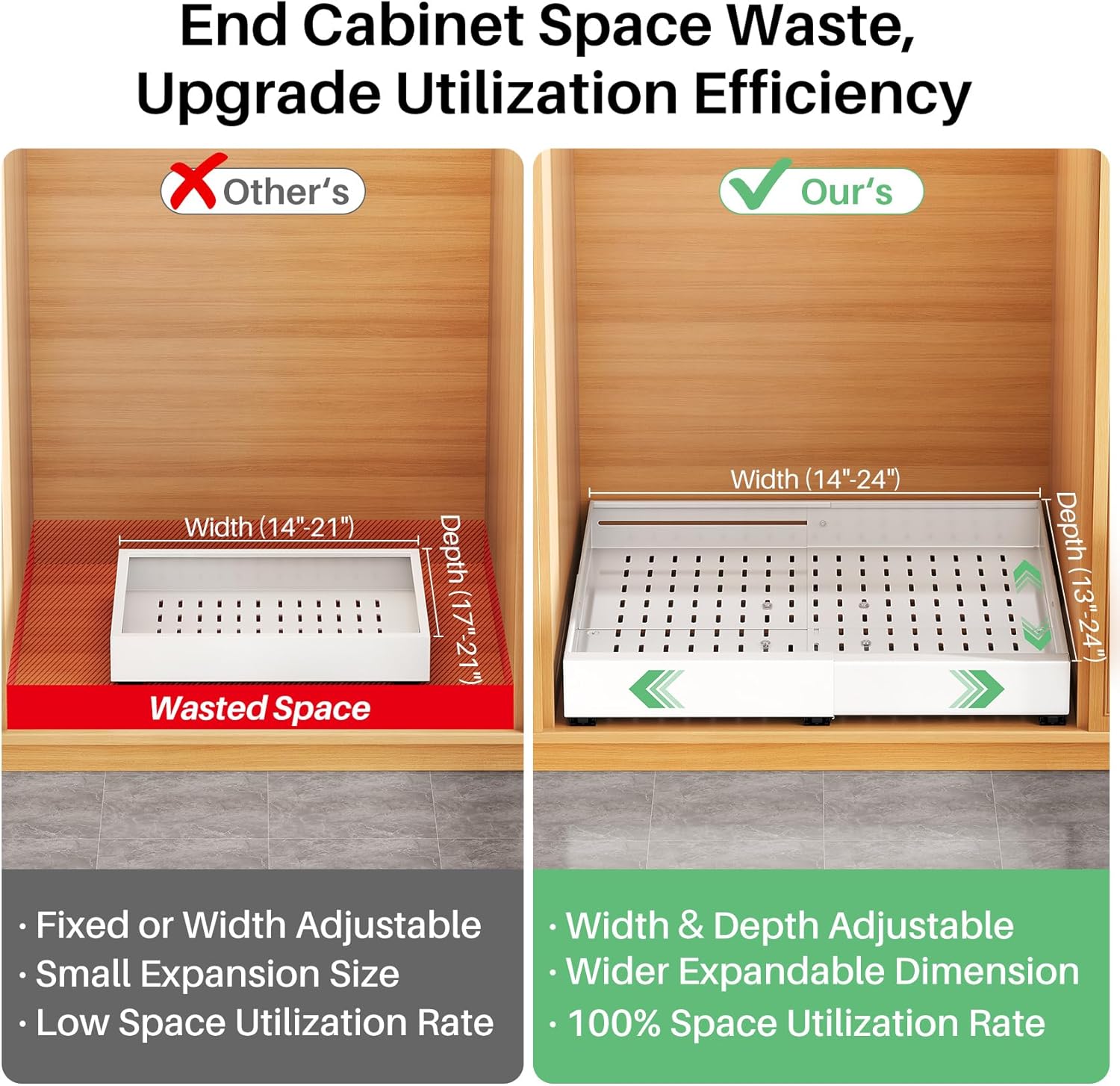 2 Pack Pull out Cabinet Organizer, Expandable Width(14"-24"), Depth(13"-24") with 3 Rails, Slide Out Drawers With Raising Pad for Framed Cabinets, with Adhesive Film for Cabinets in Kitchen, White