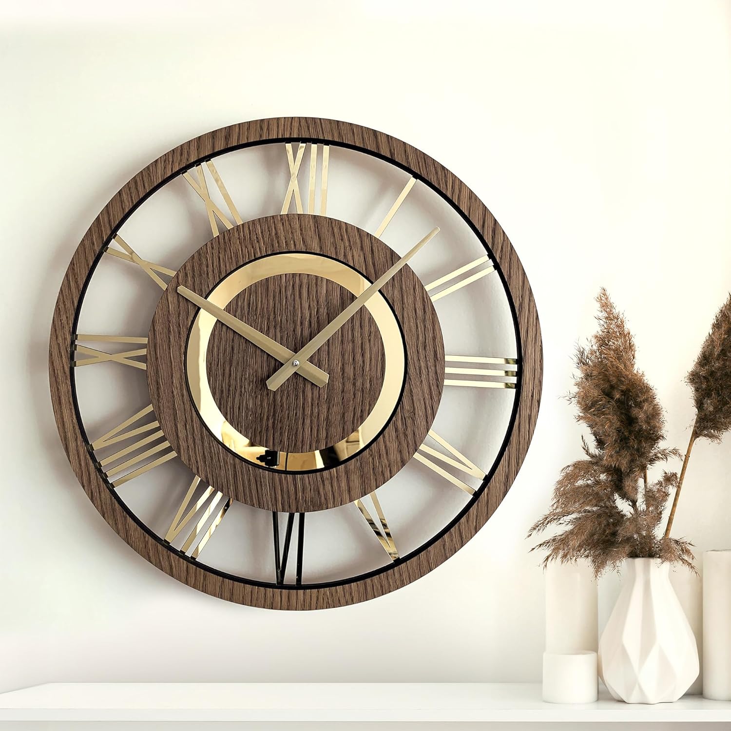 Modern Wall Clock with Gold Roman Numbers Battery Operated Silent Non Ticking Minimalist Design for Any Room 19.6 Inch Analog Wall Clock for Gift Decor Brown & Gold Color