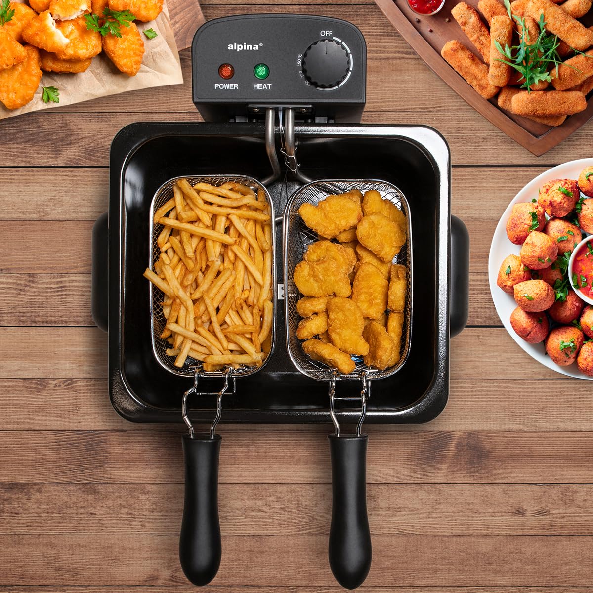 alpina Freidora 5 litros - Freidora con grasa - Freidora aceite 200W - Dos cestas de freír - Temperatura ajustable - para 4 a 6 personas - 275 x 215 x 305 mm - Metal - Negro/Plata