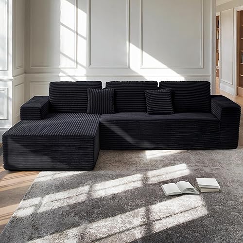 Claiks 110" Cloud Sectional Couch with Chaise Lounge, Modern Modular L-Shape Corduroy Couch Deep Seat, Upholstered Couches for Living Room Bedroom, No Assembly Required, Black Left Facing Chaise - Left Facing Chaise - Black