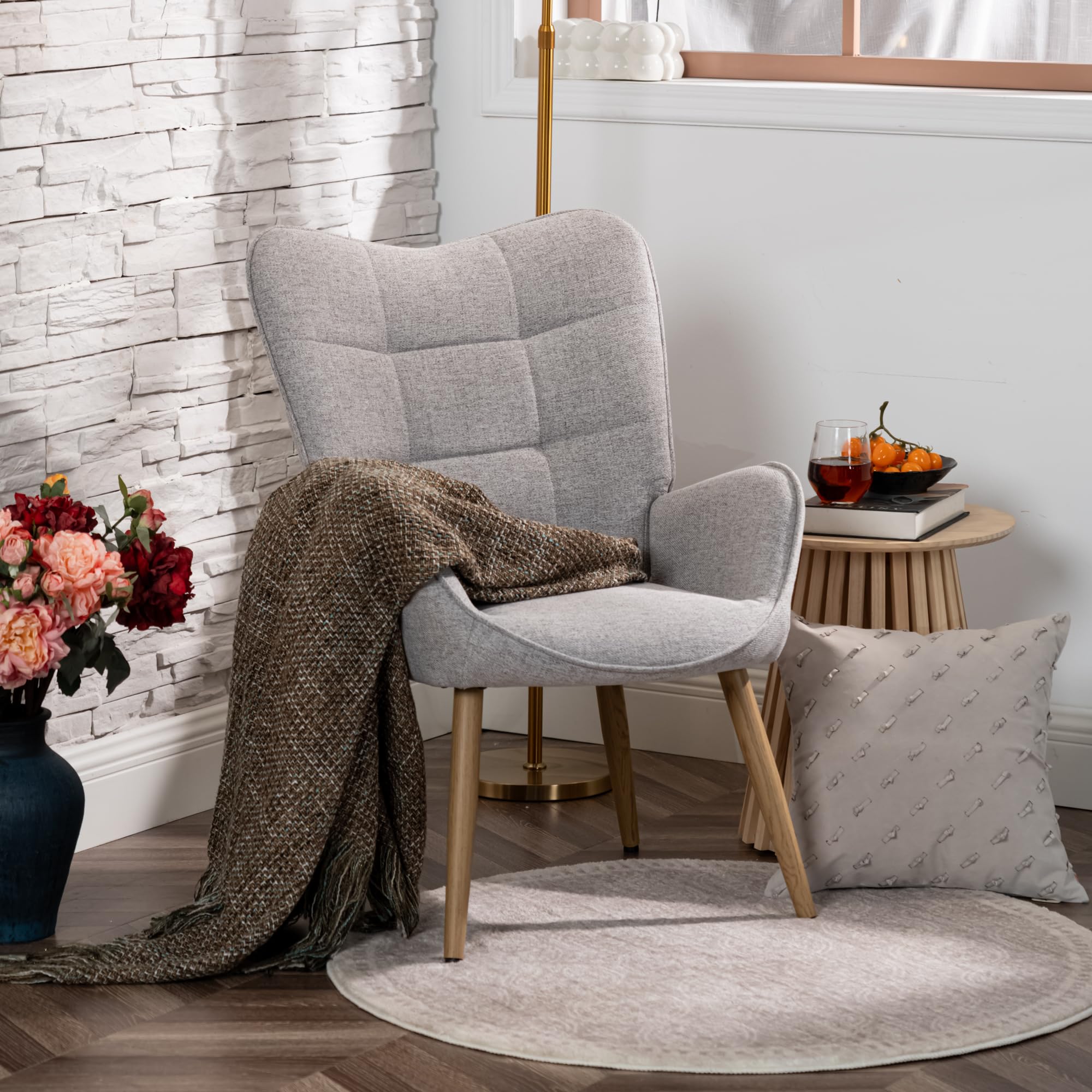 MEUBLE COSY Fotel do salonu krzesło akcentujące z wysokim oparciem skrzydła i wyściełanymi podłokietnikami, drewniane nogi, pojedyncza sofa do czytania sypialni, tkanina, szary