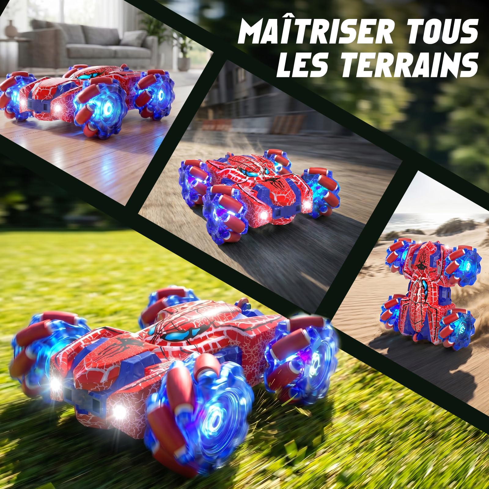Spider Voiture Télécommandée avec Détection de Gestes, Jouet Enfant Idéal pour 4 5 6 7 8 9 10 11 12 Ans, Voiture RC Double Face avec Éclairage Complet (Rouge)