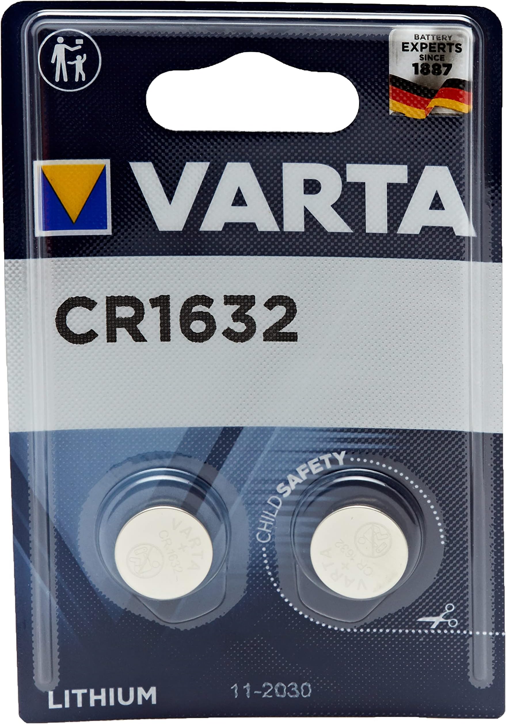 VARTA CR1632 Battery Button Cell Batteries, Pack of 2, Lithium Coin, 3 V, Childproof Packaging, for Small Electronic Devices - Car Keys, Remote Controls, Scales