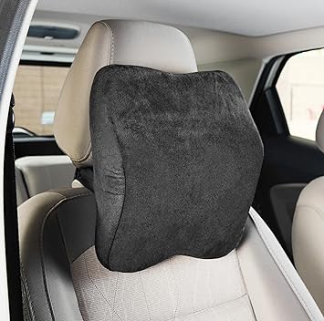 amazon basics Car Neck Rest Pillow- Large | Ergonomically Designed | for Driving, Travel Comfort | Memory Foam, Cotton Cushion with Washable Cover | 28x26x12 Cm | 1 Year Warranty | Black - image, photos