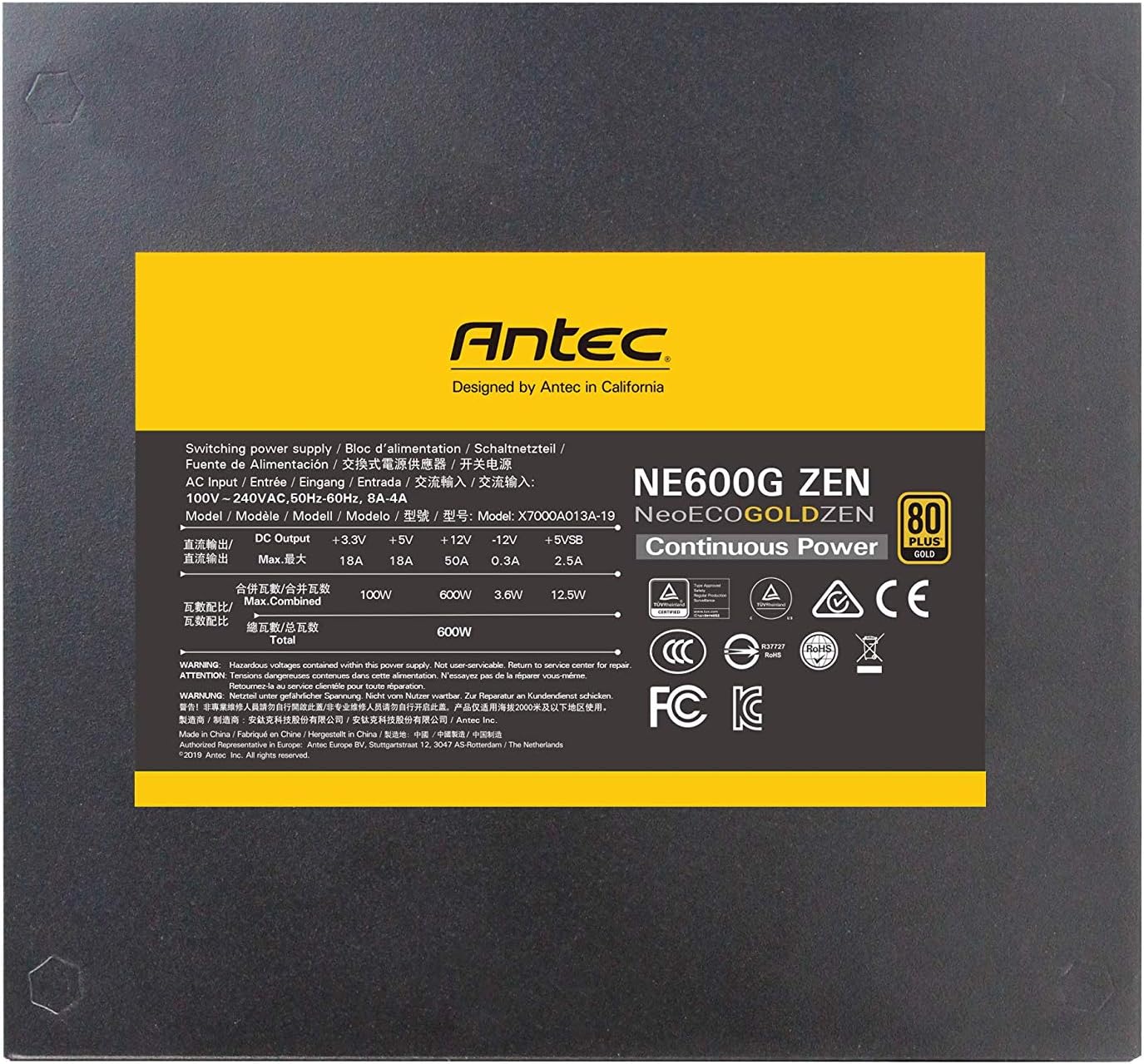 Antec NeoECO Gold Zen NE600G Zen 600W Power Supply electrical specifications label