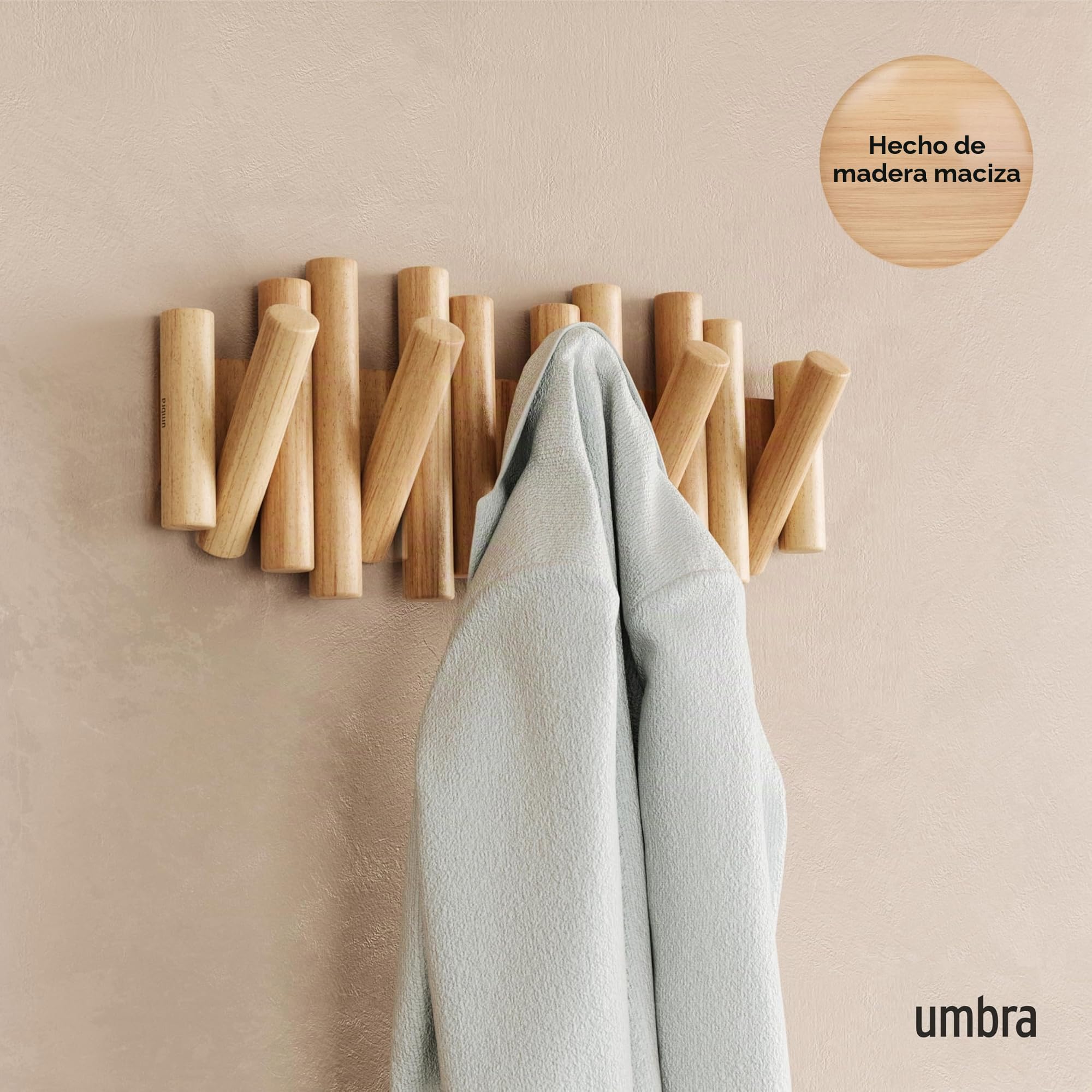 Umbra Picket Percha de Pared con 5 ganchos extraíbles, Natural