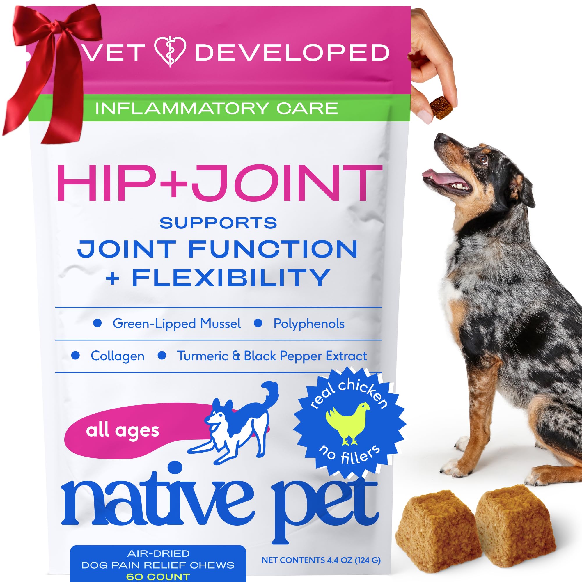 Native Pet Pain Relief for Dogs - Collagen for Dogs Promotes Joint Health, Reduce Inflammation & Stiffness - Senior Pup Joint Supplement - Natural Pain Reliever for Active & Aging Pets - 60 Chews