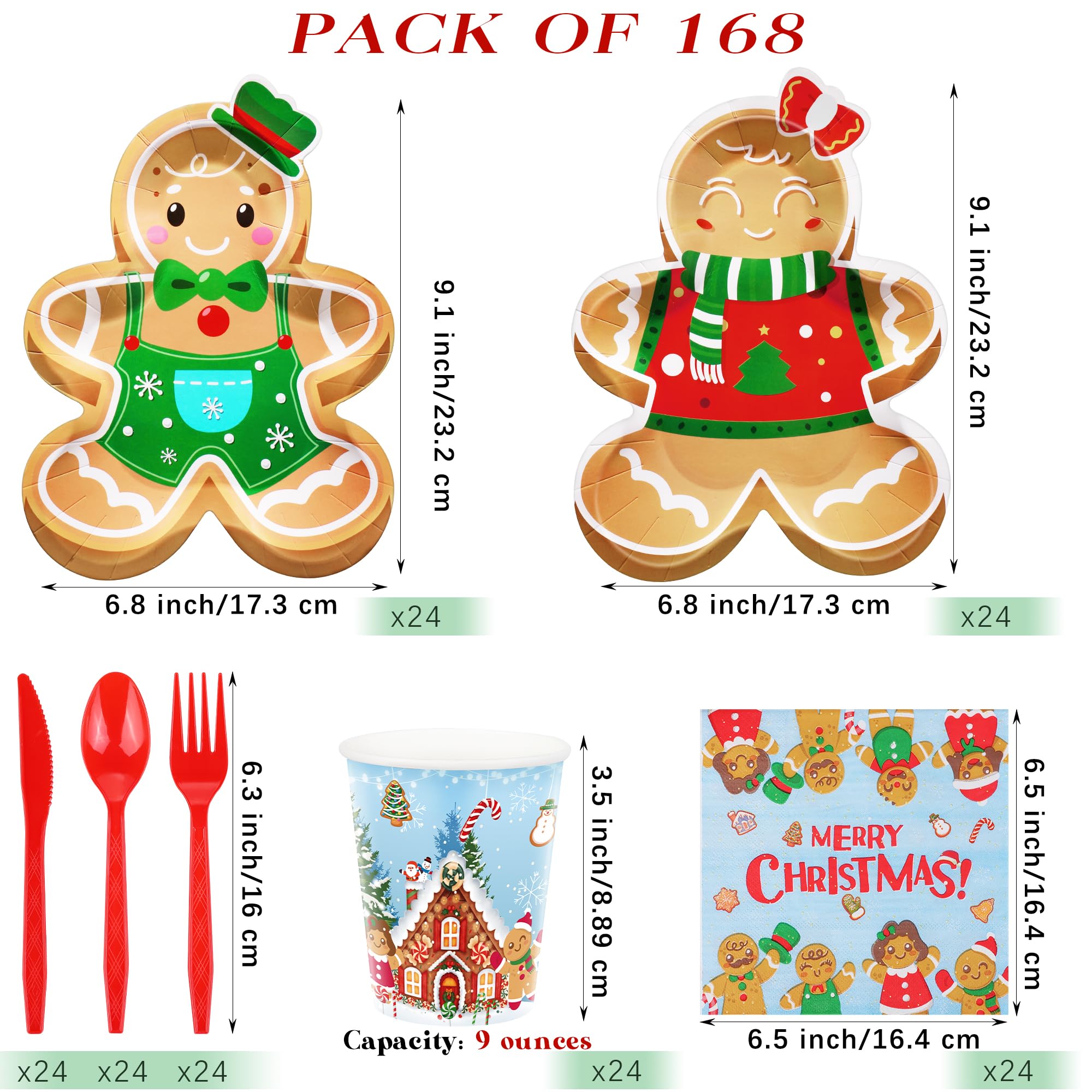 durony 168 Pieces Gingerbread Christmas Party Supplies Merry Christmas Tableware Set Includes Paper Plates Napkins Cups Plastic Knife Fork Spoon for Holiday Xmas Decorations, Serve 24