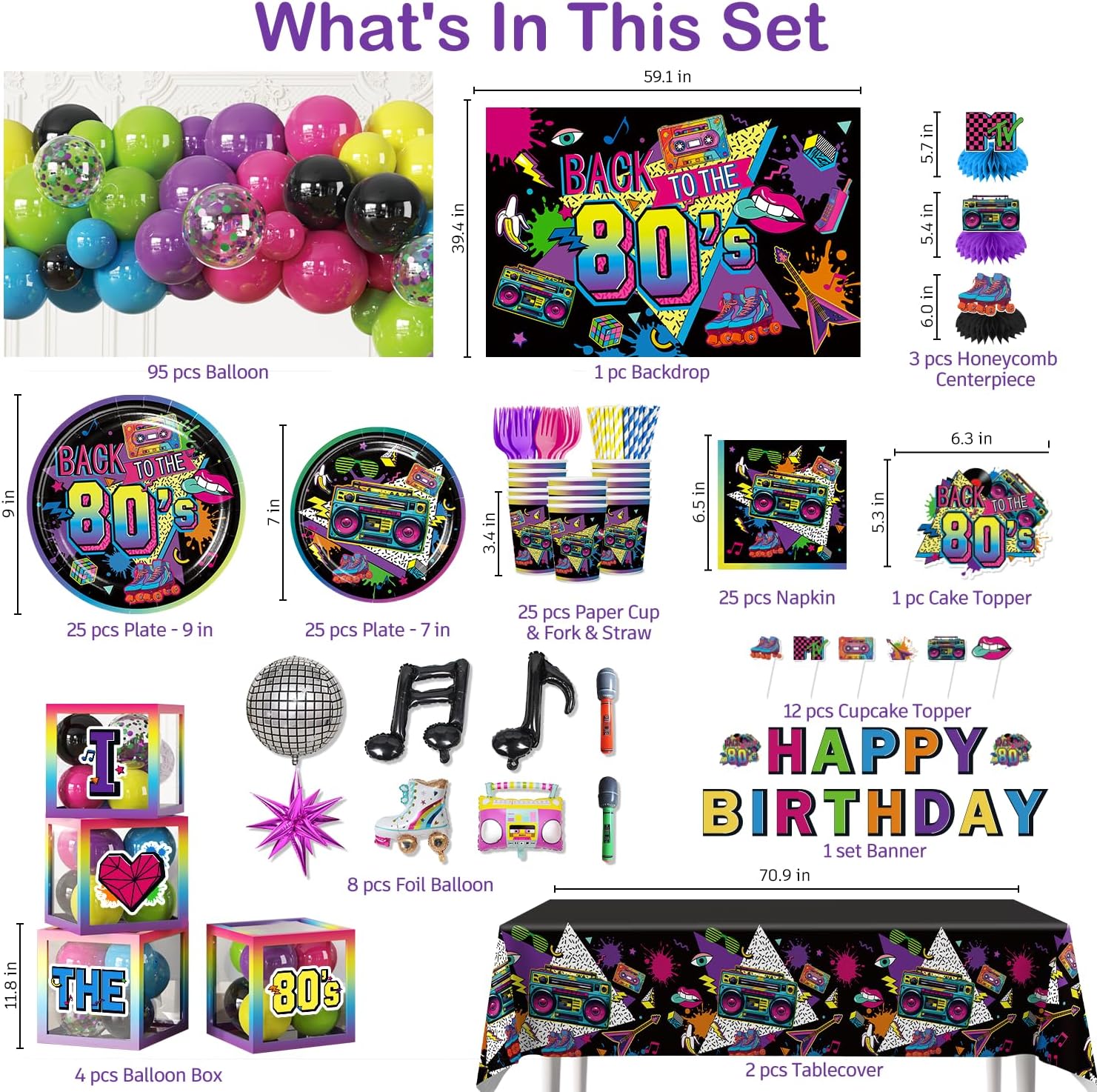 277pcs 80s Party Decorations Serves 25, All-in-one Set with Back To The 80's Backdrop Tableware Balloon Arch Tablecloth Balloon Box Cupcake Topper Table Decor, Etc. for 80s Party Decorations - Image 2