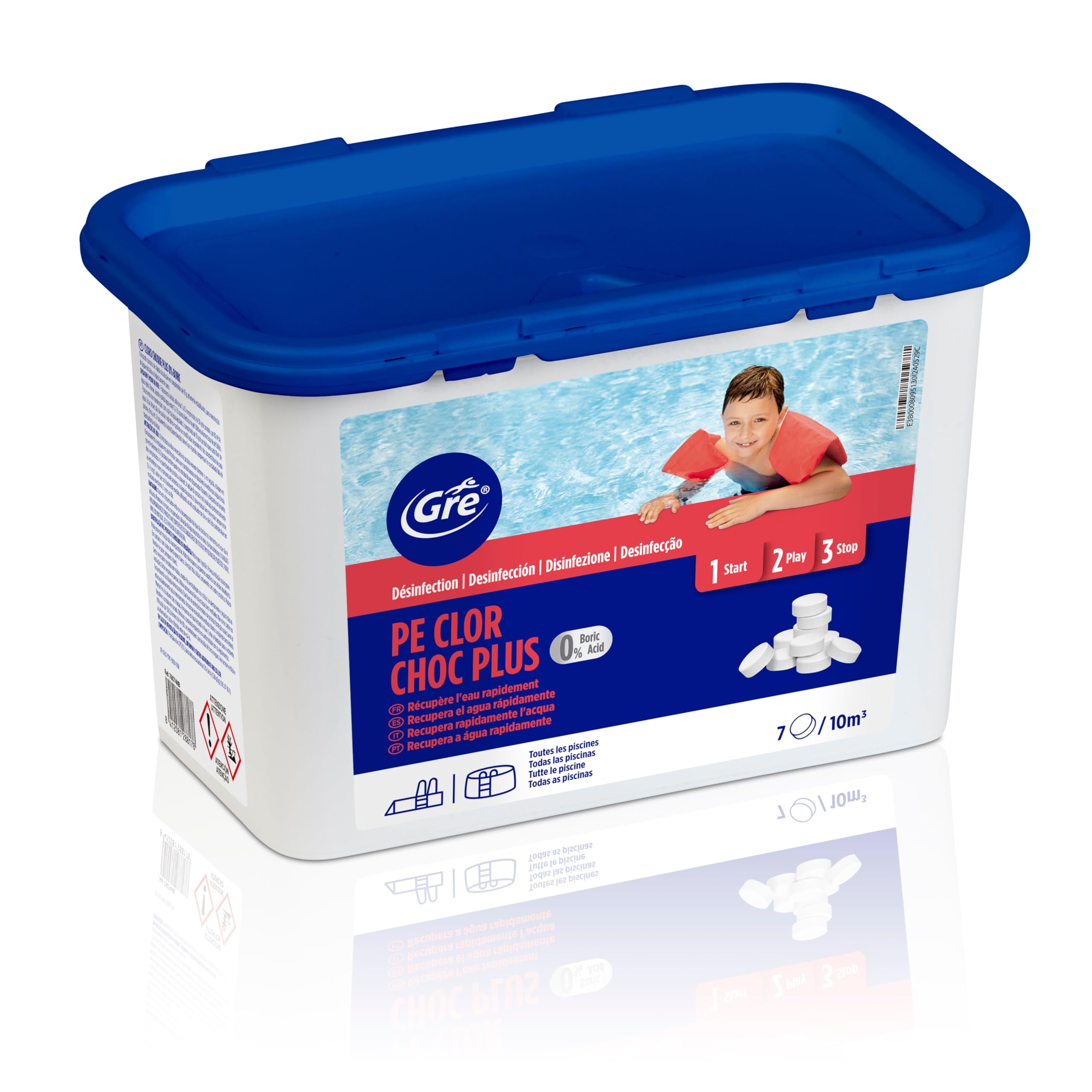 GRE 76074NB - Pastillas de Cloro de Choque para Piscinas. Tratamiento Rápido y Eficaz contra Agua Verde. Desinfección Completa y recuperación instantánea del Agua para Piscinas. Pastillas 30gr, 1 kg
